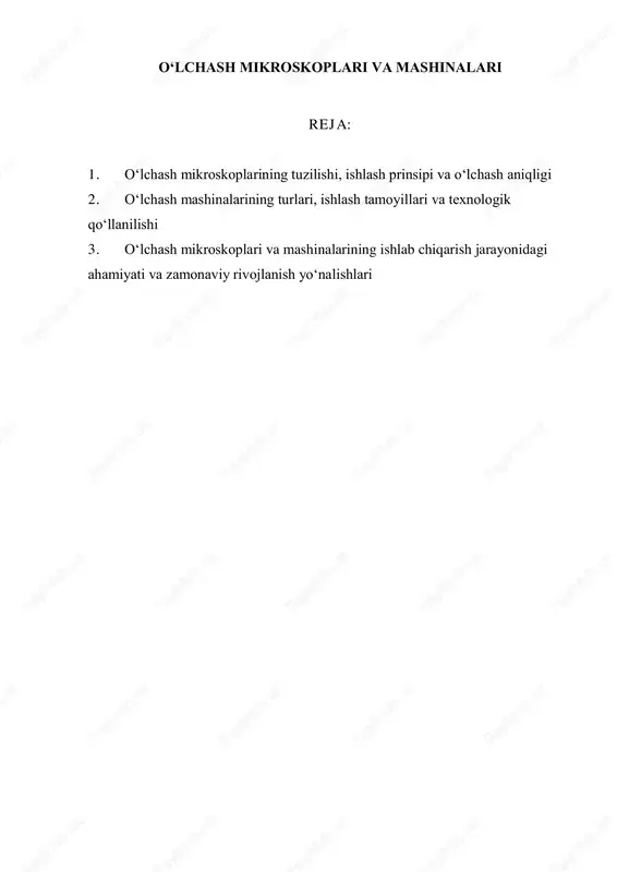 nali yo‘naltiruvchi sistemalar va fokuslash mexanizmlari mavjud. obyektiv detal tasvirini hosil qiladi, okulyar esa uni kattalashtirib kuzatish imkonini beradi. optik tizimning asosiy parametri — kattalashtirish koeffitsienti bo‘lib, u mikroskopning o‘lchov aniqligini belgilaydi. kattalashtirish qancha yuqori bo‘lsa, o‘lchov aniqligi shuncha yaxshi bo‘ladi, lekin bu holatda kuzatish maydoni kichrayadi. shu sababli, amaliyotda o‘lchash mikroskoplari odatda 20x dan 200x gacha kattalashtirish oralig‘ida ishlaydi. mikroskopning o‘lchov mexanizmi detallar orasidagi masofani yoki chiziq uzunligini aniqlash uchun xizmat qiladi. u odatda koordinat stol orqali amalga oshiriladi. stol ikki o‘qli harakatga ega bo‘lib (x va y o‘qlarda), mikrometr vintlar yordamida siljitiladi. har bir harakat mikrometr shkalasi yoki raqamli o‘lchov tizimi orqali aniqlanadi. shu tarzda, detalning istalgan nuqtasiga aniq koordinatalar bo‘yicha yetib borish va uni o‘lchash mumkin bo‘ladi. mikroskopning stoli ustiga o‘lchanadigan detal joylashtiriladi. detalning harakatini silliq va aniqlik bilan ta’minlash uchun stol yo‘naltiruvchi relslar va podshipniklar tizimi bilan jihozlangan. zamonaviy mikroskoplarda stol harakati elektron boshqaruv yoki servo-motorlar …