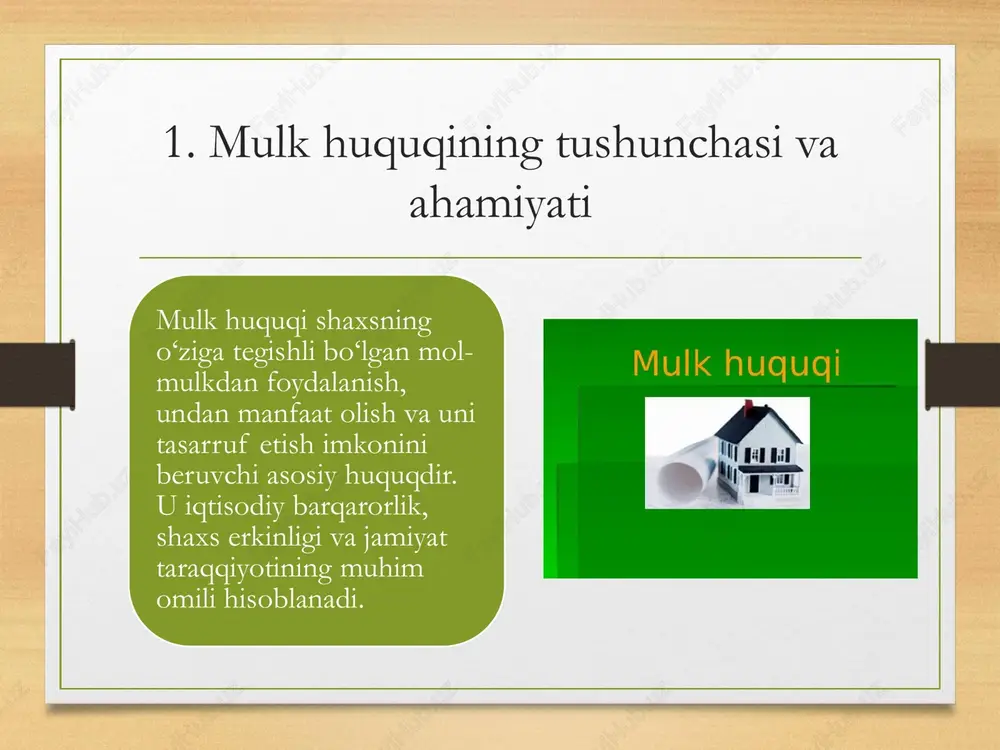 nishi yoki tortib olinishi sud yoki davlat organlari tomonidan qat’iy tartibda ko‘rib chiqiladi. 9. sud orqali mulkni himoya qilish tartibi mulkni sud orqali himoya qilish eng muhim protsessual kafolatdir. har bir shaxs mulki buzilganda sudga murojaat qilish, da’vo qo‘zg‘atish va o‘z huquqlarini tiklash imkoniga ega. 10. ma’muriy tartibda himoya mexanizmlari ma’muriy himoya mexanizmi davlat organlari orqali amalga oshiriladi. arizalar, shikoyatlar va rasmiy murojaatlar asosida mulk huquqi buzilgan holatlar o‘rganiladi va tiklanadi. 11. protsessual normalarning mulk huquqidagi roli protsessual normalar mulk huquqining adolatli va shaffof himoyasini ta’minlaydi. ushbu normalar sud jarayonining tartibi, muddatlari va dalillarni baholash qoidalarini belgilaydi. 12. mulkka doir nizolarni ko‘rib chiqish tartibi sud mulk bilan bog‘liq nizolarni qonun asosida ko‘rib chiqadi. nizolar mulkni bo‘lish, meros, mulkni qaytarish, foydalanish tartibi va boshqa masalalar bo‘yicha yuzaga kelishi mumkin. 13. mulkni noqonuniy tortib olishning oldini olish mulkni noqonuniy tortib olish jinoyat yoki ma’muriy huquqbuzarlik hisoblanadi. qonunchilik bunday holatlarning oldini olish uchun …