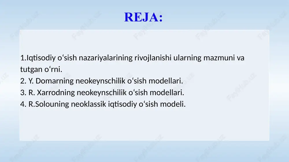oti; • o‘sish salohiyatini to'laroq amalga oshirish uchun zarur bo‘lgan institutsional, harakat va mafkuraviy o‘zgarishlar. s.kuznetsning iqtisodiy o‘sish modeli •iqtisodiy o‘sish = milliy mahsulotning ortishi + texnika taraqqiyoti + institusional va mafkuraviy o'zgarishlar • iqtisodiy o‘sish kapital ortishi bilan ish kuchi ko‘payishi o‘rtasidagi nisbatga, ya’ni kapital bilan qurollanishdagi o'zgarishga bogliqdir. agar kapital aholi ko‘payishiga nisbatan tezroq ortadigan bo‘lsa, har bir xodimning kapital bilan qurollanishi ishlab chiqarish samaradorligi va jon boshiga daromadning asosi sifatida ko‘payib boradi. • aksincha, aholining ko‘payishi kapital ortishidan ildamroq bo‘lsa, mehnat faoliyatiga kirishayotgan ish kuchi kamroq kapital bilan ta’minlangan bo‘ladi. buning oqibatida mehnat unumdorligi kamayishi hamda milliy mahsulot o‘sishining suratlari pasayishi mumkin. ya’ni iqtisodiyotning o‘sish qobiliyati manbai jamg‘armalar bo‘lgan kapital jamg‘arilishi sur’atlariga bog‘liqdir. • jamg ‘armalar - odamlar kelajakdagi xaridlari, kelajakdagi ehtiyojlarini qondirish uchun jamg‘ariladigan pul daromadlarining bir qismidir. ular mavjud daromad bilan iste’mol xarajatlari o‘rtasidagi farqdir. jamg‘armalar, o‘z navbatida, daromad darajasi va iste’mol darajasiga bog‘liqdir. • …