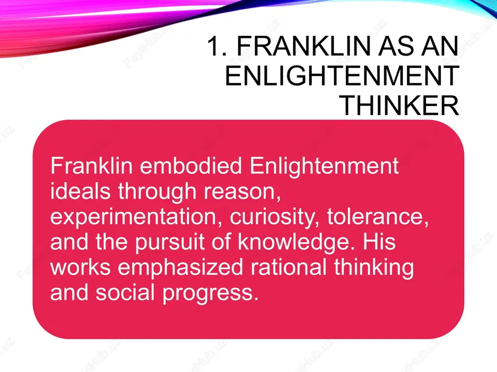 eas deeply influenced american culture, science, and politics. his legacy continues to inspire innovation and intellectual growth. slide 1 1. franklin as an enlightenment thinker 2. scientific contributions 3. inventions and innovations 4. literary works and style 5. autobiography and self‑improvement 6. political philosophy 7. role in american enlightenment 8. journalism and public influence 9. moral and ethical ideas