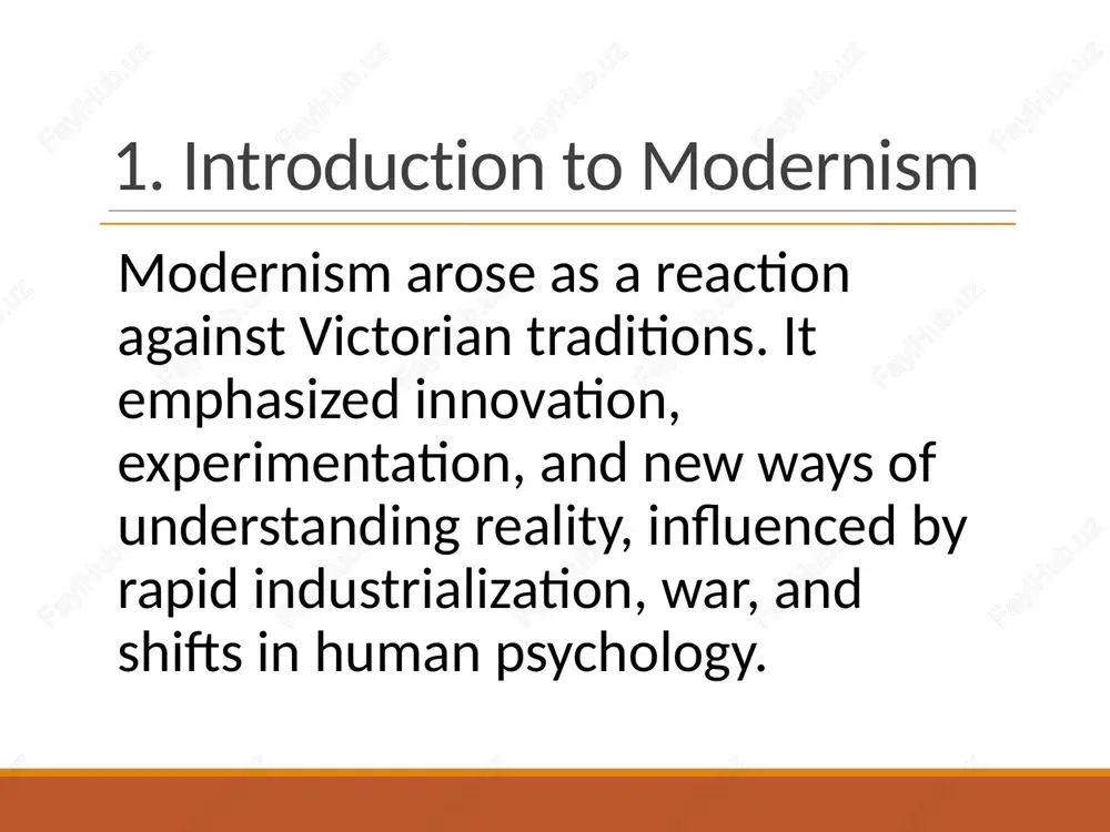 old artistic choices. its legacy continues to inspire new generations of writers and literary thinkers. slide 1 1. introduction to modernism 2. historical background 3. key features of modernism 4. major modernist writers 5. stream of consciousness technique 6. symbolism and imagery 7. modernist poetry 8. social and cultural influences 9. impact on later literature