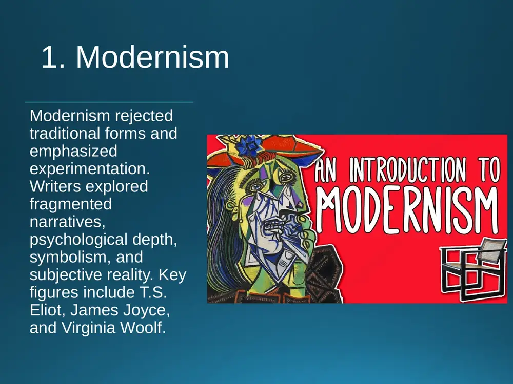 ted irrationality, chaos, and the breakdown of communication. conclusion twentieth‑century english literature introduced powerful innovations. these trends reshaped storytelling, challenged traditional norms, and expanded literary creativity, leaving a lasting cultural impact. slide 1 1. modernism 2. imagism 3. surrealism 4. dadaism 5. postmodernism 6. existentialism in literature 7. stream of consciousness 8. absurdist literature conclusion