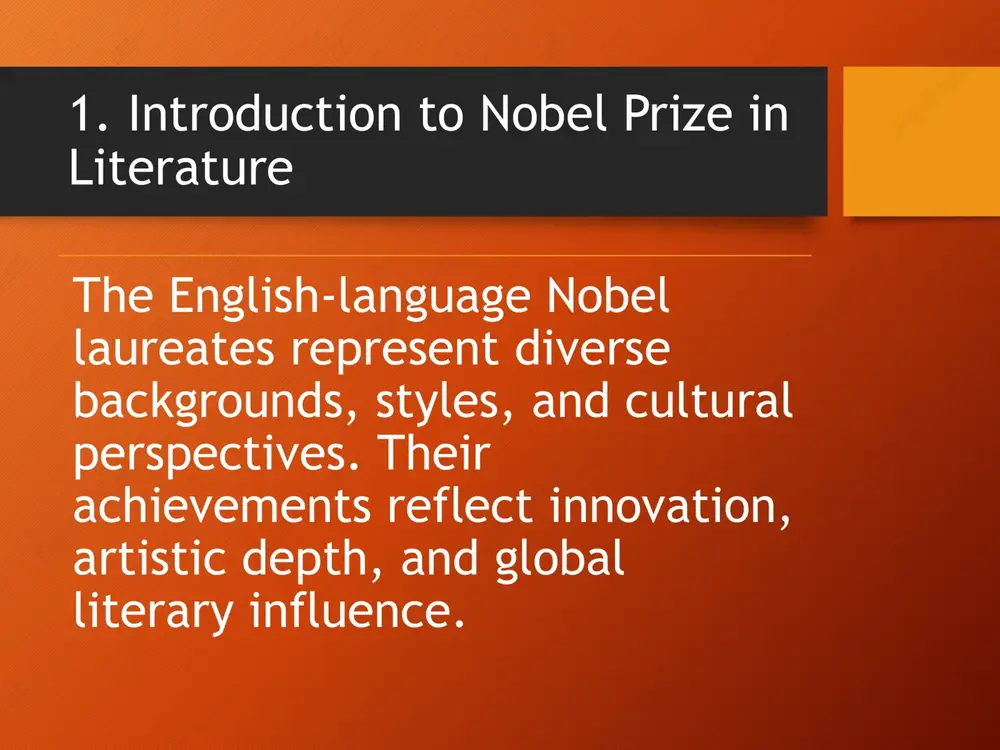 ze for her bold, unconventional writing. her novels address feminism, politics, psychology, and social structures, notably in ‘the golden notebook.’ 10. doris lessing (2007) v. s. naipaul’s writing reflects postcolonial identity, displacement, cultural clashes, and human struggle. his narrative style blends realism, sharp observation, and emotional complexity. 11. v. s. naipaul (2001) nobel laureates in english literature explore themes of identity, society, conflict, memory, morality, and the human condition, offering diverse perspectives on global challenges. 12. themes in laureates’ works the laureates introduced new narrative techniques, poetic structures, and dramatic forms. their innovations influenced contemporary writers and enriched world literature. 13. literary styles and innovations english-language laureates helped globalize english literature, shaping modern storytelling traditions. their works remain widely studied, translated, and culturally influential. 14. global impact of english laureates the contributions of english- language nobel laureates continue to inspire readers and writers. their artistic achievements highlight the enduring power …