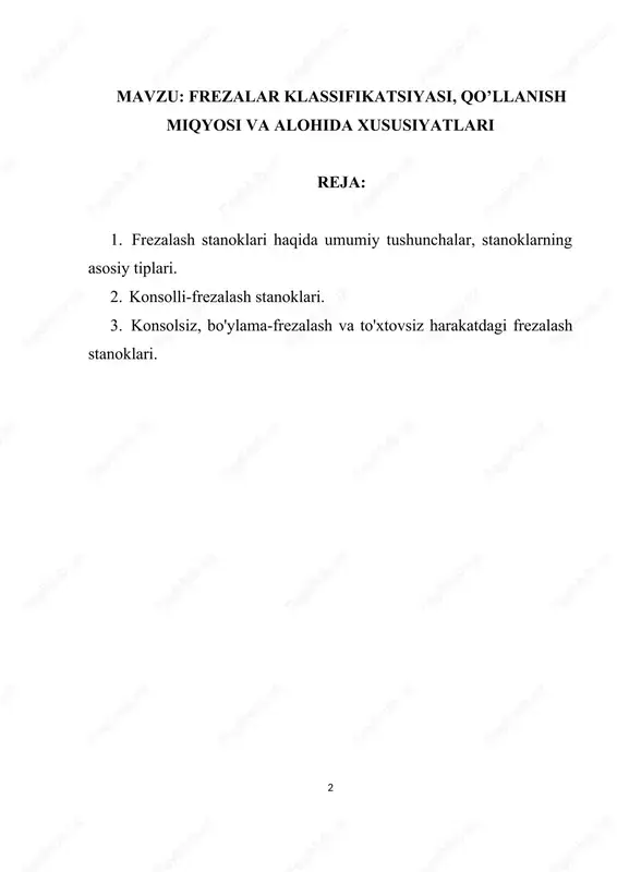 keng foydalanish imkonini beradi. 4 konsolli-frezalash stanoklari bu stanoklarning konsolli deb atalishga sabab, ularda stanokning stoli stanina bo'ylab yuqori va pastga harakatlanuvchi qism—konsolga o'rnatilgan. konsolli- frezalash stanoklari gorizontal, vertikal, universal va keng universal turlarga bo'hnadi. umumiy foydalaniladigan frezalash stanoklarining asosiy parametri stol ish yuzasining o'lchamlaridir. ular quyida keltirilgan (12.2-jad-val): konsolli-frezalash stanoklari shpindel o'qiningjoylashishi bo'yicha gorizontal va vertikal stanoklarga bo'linadi. shpindelga freza o'rnatilib, u aylanma harakat oladi. stol karetkaga, karetka esa konsolga o'rnatilgan bo'lib, zagotovka stoi bilan birga bo'ylama, ko'ndalang va vertikal yo'nalishlarda harakatlanadi. universal konsolli gorizontal-frezalash stanoklari oddiy gorizontal-frezalash stanoklaridan buriluvchi stoli bilan farqlanadiki, u uch o'zaro perependikular yo'nalishlar bo'yicha harakatlanishidan tashqari o'zining vertikal o'qi atrofida ±45° ga burila oladi. bu stanokda vintsimon ariqchalarni va g'ildiraklarda qiyajoylash-gan tishlarni shakllantirishga imkon beradi. keng universal stanoklar (modeli oxirida sh harfi yoziladi) universal stanoklardan qo'shimcha, vertikal va gorizontal o'qlar atrofida buriluvchan shpindelning mavjudligi bilan farqlanadi. shuningdek ikki shpindel (gorizontal va vertikal) va gorizontal …
