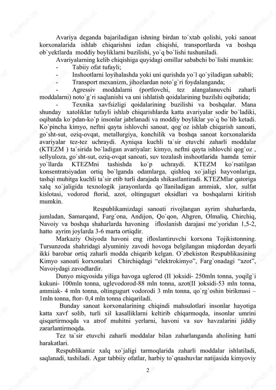 boshqalarni kiritish mumkin. respublikamizdagi sanoati rivojlangan ayrim shaharlarda, jumladan, samarqand, farg`ona, andijon, qo`qon, ahgren, olmaliq, chirchiq, navoiy va boshqa shaharlarda havoning ifloslanish darajasi me`yoridan 1,5-2, hatto ayrim joylarda 3-6 marta ortiqdir. markaziy osiyoda havoni eng ifloslantiruvchi korxona tojikistonning. tursunzoda shahridagi alyuminiy zavodi hovoga belgilangan miqdordan deyarli ikki barobar ortiq zaharli modda chiqarib kelgan. o`zbekiston respublikasining kimyo sanoati korxonalari chirchiqdagi “elektrokimyo”, farg`onadagi “azot”, navoiydagi zavodlardir. dunyo miqyosida yiliga havoga uglerod (ii )oksidi- 250mln tonna, yoqilg`i kukuni- 100mln tonna, uglevodorod-88 mln tonna, azot(ii )oksidi-53 mln tonna, ammiak- 4 mln tonna, oltingugurt vodorodi 3 mln tonna, qo`rg`oshin birikmasi – 1mln tonna, ftor- 0,4 mln tonna chiqariladi. bunday sanoat korxonalarining chiqindi mahsulotlari insonlar hayotiga katta xavf solib, turli xil kasalliklarni keltirib chiqarmoqda, insonlar umrini qisqartirmoqda va atrof muhitni yerlarni, havoni va suv havzalarini jiddiy zararlantirmoqda. tez ta`sir etuvchi zaharli moddalar bilan zaharlanganda aholining hatti harakatlari. respublikamiz xalq xo`jaligi tarmoqlarida zaharli moddalar ishlatiladi, saqlanadi, tashiladi. …