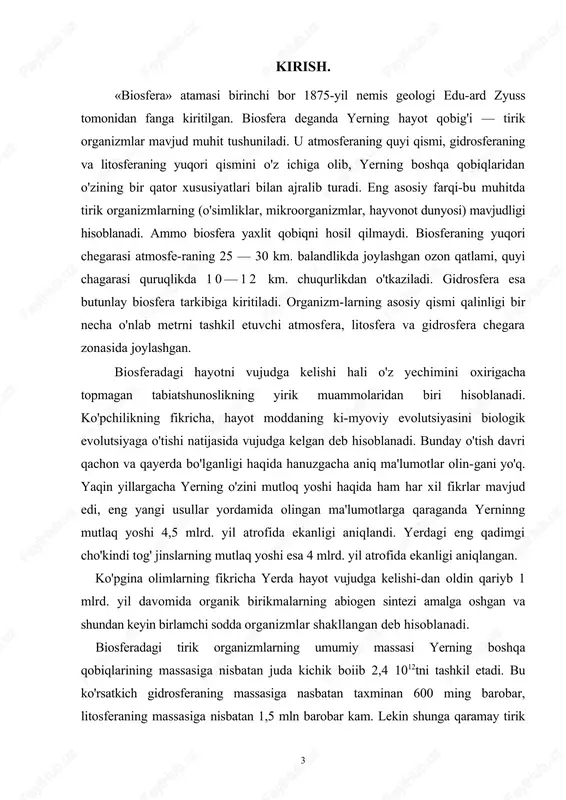 avomida organik birikmalarning abiogen sintezi amalga oshgan va shundan keyin birlamchi sodda organizmlar shakllangan deb hisoblanadi. biosferadagi tirik organizmlarning umumiy massasi yerning boshqa qobiqlarining massasiga nisbatan juda kichik boiib 2,4 1012tni tashkil etadi. bu ko'rsatkich gidrosferaning massasiga nasbatan taxminan 600 ming barobar, litosferaning massasiga nisbatan 1,5 mln barobar kam. lekin shunga qaramay tirik 3 orga-nizmlarning geografik qobiqqa ko'rsatayotgan ta'siri benixoya katta. birinchi navbatda bu ta'sir geografik qobiqning biz ko'rsatayotgan bir qator xususiyatlarni shakllanishida o'z aksini topgan. ayniqsa yashil o'simliklarninng fotosintez jarayonida atmosferadagi karbonat angidrid, suv va tuproqdagi eritmalar hisobiga organik birikmalarni vujudga keltirishi muhim ahamiyatga ega. bu jarayon katta miqdordagi quyosh energiyasini geografik qobiqda to'planishi bilan bog'liq. keyinchalik bu energiya yonish, chirish jarayonida arof-muhitga chiqadi yoki boshqa organizmlarga ozuqa zanjiri orqali uzatiladi. biosferada energiya manbai sifatida har xil kimyoviy reaksiyalar ham xizmat qilishi mumkin, shuni hisobiga bakteriyalar organik mahsulotni vujudga keltiradi. atrof-muhitning sharoitiga moslashishi, organizmlarni ta-biiy raqobat natijasida tanlanishi tirik …