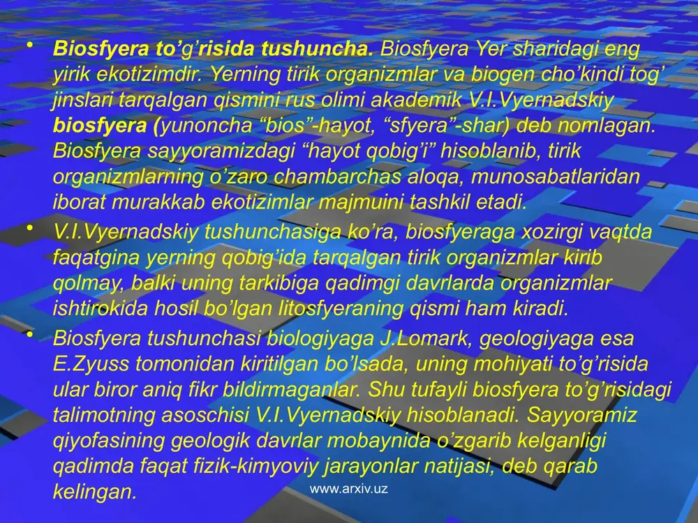 uchraydi. inson ham biosfyeraning tarkibiy qismidir. www.arxiv.uz • enyergiyaning aylanishi moddalarning aylanishi bilan chambarchas bog’liq. moddalar kichik (biologik) va katta doiralarda (geologik) aylanadi. biologik quruqlikda tuproq bilan organizm o’rtasida, gidrosfyerada esa organizm bilan suv o’rtasida sodir bo’ladi. geologik modda aylanish quruqlik bilan dunyo o’rtasidagi jarayondir. demak, biosfyera yaxlit, bir butun hosila ekanligi ravshan. • inson yer yuzasidagi hayot rivojlanishi (biogenez)ning navbatdagi bosqichi bo’lib, eng kuchli tabiiy omildir. u nafaqat yer sayyorasi, balki koinotni o’zgartirishga ham qodir. hozirda biosfyerani noosfyera (“fikrlovchi qobiq”)ga aylanishi kuzatilmoqda. v.i.vyernadskiyning fikricha noosfyera biosfyeraning qonuniy rivojlanishi natijasi bo’lib, inson bilan tabiatni o’zaro ongli aloqa munosabatlaridan iboratdir. www.arxiv.uz www.arxiv.uz • ekologik tizim va uning tuzilishi. ekologiyaning bosh tadqiqot ob’ekti-ekologik tizimdir, yoki ekotizim. u ma’lum maydondan iborat bo’lib, unda tirik organizmlar va ularni yashash muhitlari majmuasi moddiy-enyergetik va axborotlarning o’zaro ta’siri bilan birlashgan. “ekotizim” atamasi ilk bor ingliz botanigi l. tensli (1935) tomonidan taklif qilingan. ekotizim biror kattalikdagi yoki …