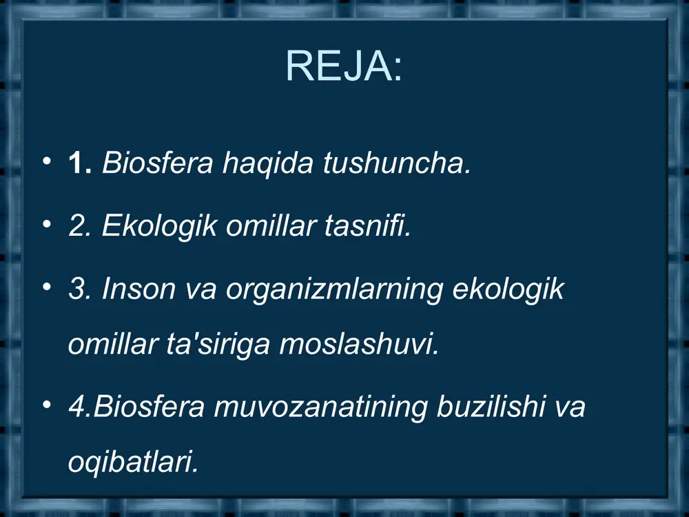 tida shakllanishi xx asr boshlarida amalga oshdi. dastlab o’simliklar va hayvonlar ekologiyasi, xx asrning 20 yillarda ijtimoiy ekologiya va inson ekologiyasi rivojlandi. 20- 30 yillarda o'rta osiyo davlat universitetida d.n.kashkarov va e.p.korovinlarning ekologiya- geograflya maktabi tashkil etilib, o'lkamiz tabiatini ekologik tadqiq qilish boshlandi. 1940-50 yillarda sobiq ittifoqda ekologik bilimlarning rivojlanishi susayib qoldi. atrof muhit holati tez o'zgara boshladi. xx asrning 60-yillariga kelib ekologiya jadal rivojlandi, uning yangi yo'nalishlari vujudgakeldi. •umumiy ekologiya barcha organizmlarning alohida darajadagi, muhit sharoitlari bilan o'zaro munosabatlari ekologiyasini o'rgandi. hozirgi kunda ekologiyaning ijtimoiy va tabiiy fanlar chegarasida rivojlanayotgan tarmoqlarga inson ekologiyasi, ijtimoiy ekologiya, gidroekologiya, global ekologiya va boshqalar kiradi. ekologiyaning vujudga kelgan yangi tarmoqlari fanlar tizimida o'ziga xos o'rin egallaydi. •organizmni o'rab turuvchi va u bilan doimiy munosabatda bo’ladigan tabiatning bir qismi hayot muhiti deb ataladi. yer yuzida organizmlar to'rt hayot muhitini o'zlashtirganlar -suv, havo, tuproq, organizm •organizmning yashashi uchun bir yoki bir nechta muhitlar zarurdir. hayot …