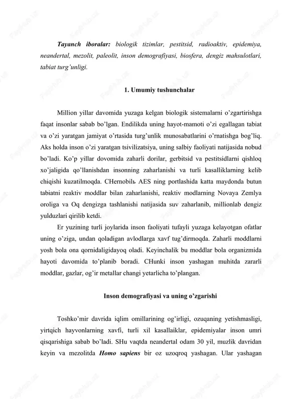 , bundan 1 mln. yillar oldin insonlar faqat afrika xududidagina yashagan va ularning umumiy soni 125 ming atrofida bo’lgan. mezolit davrida insonlar soni 1 mln. yetadi. ular yevroosiyo xududida yashaganlar. paleolit davri oxirida, bundan 25000 yillarcha avval neandertallar, kromanonlar bir vaqda yashaganlar, ularning soni 3 mln. dan ortiq bo’lgan. neolit davrida birinchi demografik o’sish kuzatilgan, inson o’troq yashashga o’rganadi, uy-joy quradi, hayvonlarni qo’lga o’rgatadi, o’simliklarni madaniylashtiradi va ularning hayot sharoitlari yaxshilanadi. dunyoda odamlar soni dastlab 5 mln. atrofida bo’lgan, xvi asrda bu son 500 mln. ga ko’tariladi. 1850 yili 1 mlrd. ga yetishi uchun insoniyatga 250 yil rivojlanish kerak bo’lgan. dunyoda aholi soni 1930 yili 2 mlrd, 1960 yili 3mlrd, 1986 yili 5 mlrd, hozirgi kunda 6,2-6,3 mlrd. ni tashkil qiladi. 1930 yildan shu kungacha ovro’paliklar 100 mln. ga, osiyoliklar esa 1 mlrd., ga ko’paygan. taxminlarga qaraganda 2012 yilda yer yuzida 7 mlrd., 2050 yilda esa 13 mlrd. aholi yashaydi. …
