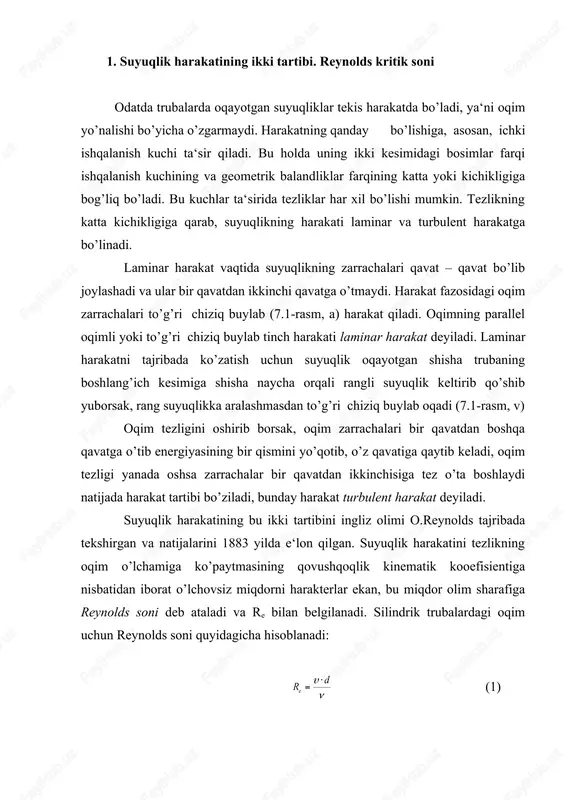 iga reynolds soni deb ataladi va re bilan belgilanadi. silindrik trubalardagi oqim uchun reynolds soni quyidagicha hisoblanadi: (1) turli shakldagi nosilindrik trubalar va o’zanlardagi oqimlar uchun reynolds soni quyidagicha o’lchanadi: , (2) bu erda d – trubaning ichki diametri; dekv-o’zan yoki nosilindrik trubaning ekvivalent diametri; dekv = 4r; r – gidravlik radius. suyuqlikning laminar harakatdan turbulent harakatga o’tishini reynolds soni re ning ma‘lum kritik miqdori bilan aniqlanadi va u reynolds quyi kritik soni deb atalib, silindrik trubalar uchun rekr.k = 2320. agar oqimni juda silliq trubada tekshirsak, reynolds kritik soni 2320 dan ortiq, xatto bir necha marotaba ortiq bo’lishi mumkin. lekin reynolds soni ma‘lum bir qiymatdan o’tgandan so’ng harakat, qanday extiyot choralarini kurilmasin, albatta turbulent bo’ladi. bu son reynolds yukori kritik soni deb ataladi va rekr∙yu = 10000 ga teng bo’ladi..reynolds soni dan kichik bo’lganda barqaror laminar harakat bo’ladi, u rekr∙yu dan katta bo’lganda esa turbulent harakat barqarorlashgan bo’ladi. agar …