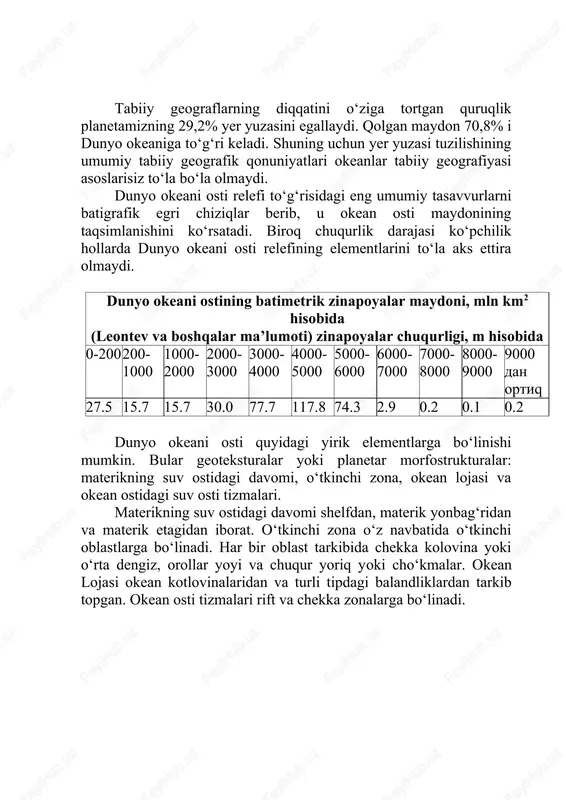 k y ok i ko ‘t ar ilm a h am m as i shimoli y muz okeani 7. 6 2. 8 0. 9 10. 8 - - - - 3. 3 1.1 4. 4 0.5 5527 hind okeani 4. 4 8. 7 9. 7 22. 6 0. 8 0. 5 0. 5 1. 8 35 .6 4.0 39 .6 12.9 7209 atlantik a okeani 9. 3 7. 7 12 .5 29. 5 1. 3 3. 0 0. 5 4. 8 29 .4 4.6 34 .0 22.3 8742 tinch okeani 9. 7 5. 4 3. 1 18. 2 3. 9 1 6. 2 3. 9 24 .0 91 .4 25. 4 11 6. 8 19.6 11022 dunyo okeani 31 .0 21 .6 25 .9 81. 5 6. 1 1 9. 7 4. 9 60 .6 15 9. 7 35. 1 19 4. 8 55.3 11022 ma’lumki, materik va okean lojasi …
