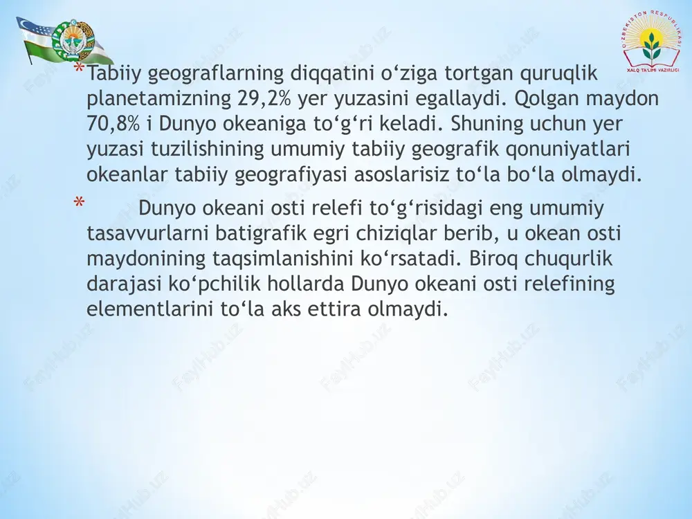 osti tizmalar i mln km2 maksimal chuqurlik mshel f mate rik yo nb ag ‘ri mate ri k et ag i hamm asi chu qu r ko tlo vin ala r orol la r yo yi chu qu r ch o‘ k m al ar ham m asi chu qu r ko tlo vi na la r baladli k yoki ko‘t aril ma ham m asi shimoliy muz okeani 7.6 2.8 0.9 10.8 - - - - 3.3 1.1 4.4 0.5 5527 hind okeani 4.4 8.7 9.7 22.6 0.8 0.5 0.5 1.8 35.6 4.0 39.6 12.9 7209 atlantika okeani 9.3 7.7 12.5 29.5 1.3 3.0 0.5 4.8 29.4 4.6 34.0 22.3 8742 tinch okeani 9.7 5.4 3.1 18.2 3.9 16.2 3.9 24.0 91.4 25.4 116. 8 19.6 11022 dunyo okeani 31.0 21.6 25.9 81.5 6.1 19.7 4.9 60.6 159. 7 35.1 194. 8 55.3 11022 dunyo okeani ostining asosiy geomorfologik …