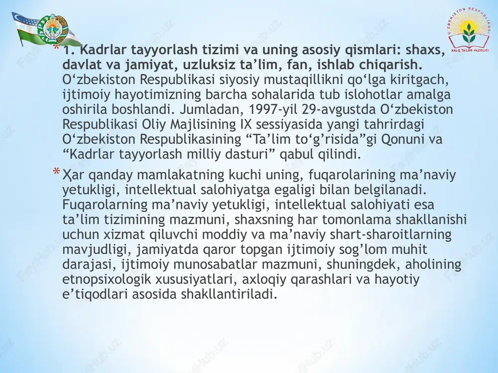 ilgari surish va hal etishga qodir kadrlarning yangi avlodini shakllantirishga yo‘naltirilgandir1. *“kadrlar tayyorlash milliy dasturi”ning maqsadi – ta’lim sohasini tubdan isloh qilish, uni o‘tmishdan qolgan mafkuraviy qarash va sarqitlardan to‘la xalos etish, rivojlangan demokratik davlatlar darajasida, yuksak ma’naviy va axloqiy talablarga javob beruvchi yuqori malakali kadrlar tayyorlash milliy tizimini yaratishdan iboratdir2. * 1 kadrlar tayyorlash milliy dasturi //oliy ta'lim: me'yoriy hujjatlar to'plami. – toshkent: sharq nashriyot-matbaa aktsiyadorlik kompaniyasi bosh tahririyati. 2001. – 20-bet. *2 o'sha manba, – 25-bet. file:///tmp/f8901a85-7089-43fd-b811-51dc0505e7c9/cf4d161d-71e4-4949-b3fe-845b5049574b/_ftn1 file:///tmp/f8901a85-7089-43fd-b811-51dc0505e7c9/cf4d161d-71e4-4949-b3fe-845b5049574b/_ftn2 file:///tmp/f8901a85-7089-43fd-b811-51dc0505e7c9/cf4d161d-71e4-4949-b3fe-845b5049574b/_ftnref1 *“kadrlar tayyorlash milliy dasturi”da ilgari surilgan maqsadning to‘laqonli ro‘yobga chiqarish bir qator vazifalarning ijobiy hal qilinishiini nazarda tutadi. dasturda bu boradagi vazifalarning quyidagilardan iboratligi ko‘rsatiladi: *“ta’lim to‘g’risida”gi o‘zbekiston respublikasi qonuniga muvofiq ta’lim tizimini isloh qilish, davlat va nodavlat ta’lim muassasalari hamda ta’lim va kadrlar tayyorlash sohasida, raqobat muhitini shakllantirish negizida ta’lim tizimini yagona o‘quv, ilmiy-ishlab chiqarish majmui sifatida izchil rivojlantirishni ta’minlash; *ta’lim va kadrlar tayyorlash tizimini jamiyatda amalga oshirayotgan …
