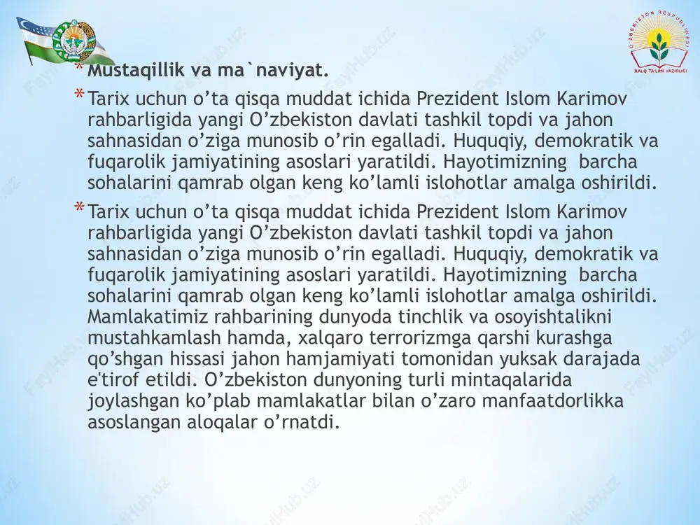 lumki, xalqimiz tarixining buyukligi, avvalo, ma'naviyati va ma'rifatining yuksakligi bilan belgilanadi. muso al-xorazmiy, abu rayhon beruniy, abu nasr forobiy, ahmad farg’oniy, abu ali ibn sino, imom buxoriy, amir temur, mirzo ulug’bek, alisher navoiy, zahiriddin muhammad bobur kabi buyuk ajdodlarimiz insoniyat taraqqiyotiga, xususan, ilm-fan, ma'naviyat va ma'rifatning yuksalishiga ulkan hissa qo’shgan. temuriylar, boburiylar tomonidan yaratilgan buyuk saltanatlar, ular rahnamoligida barpo etilgan muhtasham tarixiy obidalar bugun ham xalqimiz dahosining yorqin namunasi sifatida dunyo ahlini hayratga solib kelmoqda. *zabardast adiblarimiz yaratgan yuzlab badiiy asarlar jahon adabiyotining tengsiz durdonalari sifatida insoniyatning ma'naviy mulkiga aylangan. xullas, o’zbek xalqi ma'naviyatini yuksaklikka ko’targan misollarning chek-chegarasi yo’q. ular vatandoshlarimizning dunyoqarashi, fe'l-atvori, tafakkurida, urf- odatlari, an'analari va udumlarida o’z ifodasini topgan. *jannatmonand yurtimizga yovuz maqsadlar bilan kelgan bosqinchilar, mustamlakachilar bunday yuksak ma'naviyat oldida o’zlarini yovvoyi his qilgan va go’zal obidalarni vahshiylarcha vayron etgan, bebaho kitoblarni o’tda yoqqan, ilm-fan, ma'naviyat va ma'rifat taraqqiyotini bo’g’ishga uringan. ular tomonidan ming-minglab ziyolilar, yozuvchilar, …
