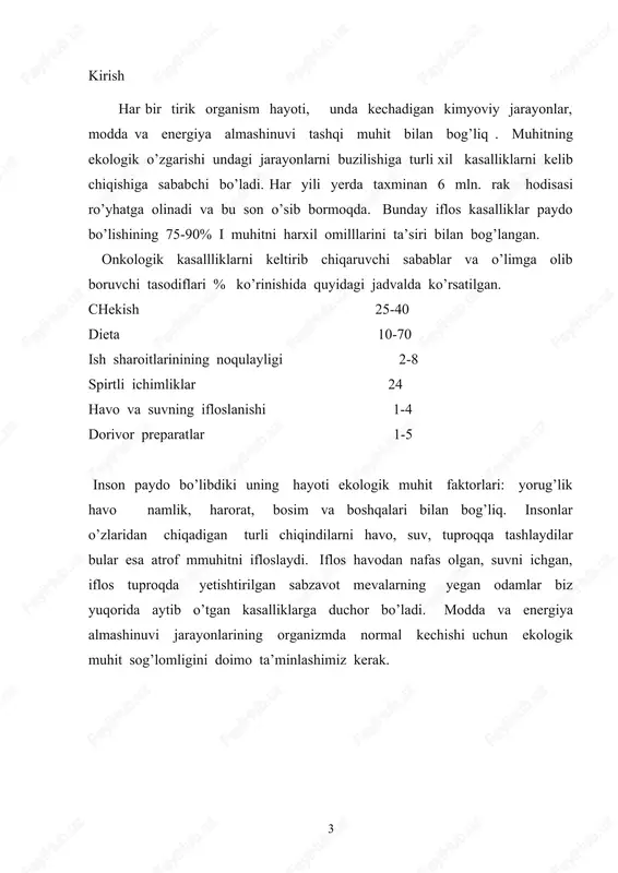 rdagi potentsial energiya issiqlik,mexanik va elektr energiyasiga aylanadi. hosil bo’lgan energiya hisobiga to’qimalarva organlar ish bajaradi,hujayralar ko’payadi, ularning eskirgan tarkibiy qisimlari yangilanadi yosh oganizim o’sadi va rivojlanadi.ana shu energiya hisobiga odam tana haroratining doimiyligi taminlanadi shunday qilib, moddalar va energiya almanashinuvi bir biriga chambarchas bog’liq. tirik organizmda moddalar va energiya almashinuvi uzluksiz davom etibturadi, yani moddalar va energiya almashinuvi tirik organizmning yashash belgisi hisoblanadi. tirik organizmning fiziologik hususiyati bo’lgan bu jarayonlar materiya va energiyaning saqlanish qonuni asosida o’tadi. bunda moddalar va energiya yo’qolmaydi, balki bir turdan ikkinchi turga aylanadi. 2.moddalar almashinuvi bir-biriga chambarchas bog’liq bo’lgan ikki jarayon,yani assimilyatsiya va dissimilyatsiya orqali o’tadi. bular anobolizm va katobolizm deb ham ataladi. ovqat moddalari tarkibiy qisimlarining hujayralarga o’tishi assimilyatsiya yoki anabolizm debataladi. bu jarayon natijasida hujayralarning tarkibiy qismlari yangilanadi, ular ko’payadi. organizm qancha yosh bo’lsa, unda assimilyatsiya jarayoni shuncha faol o’tadi. bu esa yosh organizmning o’sishi va rivojlanishini ta’minlaydi hujayralar eskirgan tarkibiy kismlarining …