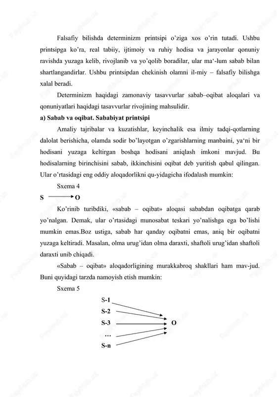 bunda sxema 6 va sxema 7 uyg’unlashib ketadi. zanjirli ximik reaktsiyalar, yadro zaryadi massasining portlashi aynan ana shunday tarzda yuz beradi. sabab bilan oqibat o’rtasidagi aloqadorlik bevosita va bilvosita xarakterga ega bo’lishi mumkin. bevosita aloqadorlikda ikki hodisa o’rta-sidagi munosabat ko’zga tashlanib turadi (masalan, bilyardda bir sharning ikkinchisiga urilishi). bilvosita aloqadorlikda esa bunday munosabatni ilg’ab olish mushkul kechadi. bunga quyidagi jarayonni misol qilib keltirsa bo’ladi: elektr energiyasiga bo’lgan ehtiyojning ortib borishi issiqlik elek-trostantsiyalarining ko’payishiga olib keladi; natijada elektrostantsiyalar-da ishlatiladigan ko’mir ishlab chiqarish kengayadi; mutanosib tarzda atmo-sferadagi zaharli chiqindilar miqdori oshib boradi; trubalardan chiqadi-gan gaz havodagi kislorod bilan birlashib, sulfat kislotasi hosil qiladi; ushbu kislota yomg’ir sifatida zaminga qaytib tuproqning ifloslanishiga va o’rmonlarning halok bo’lishiga olib keladi. olam mukammalroq o’rganib borilgani sari, insonlarning sabab va oqibat o’rtasidagi aloqadorlik xususidagi tasavvurlari ham kengaydi. ush-bu aloqadorlikning yangi shakllari aniqlanishi sababiyat qonuniyatlari haqidagi bilimlarni yanada boyitdi. sabab va oqibat o’rtasidagi o’zaro ta‘-sir g’oyalarining yuzaga kelishi …