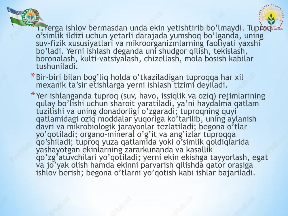 ral o’g’itlar, mikroorganizmlar haydalma qatlamda bir tekis taqsim-lanib, tuproq unumdorligini oshiradi. tuproqni zichlash ya’ni mola bostirilganda kapillyar g’ovakligi ortadi. ekilgan urug’larni pastki qat-lamdagi namlik bilan ta’minlash yaxshi bo’ladi. sug’oriladigan dehqon-chilikda yerni tekislashning ekin ekish va uni parvarish qilish uchun ahamiyati katta, bunda sifatli ekish, sug’orish, parvarish qilish uchun sharoit yaratiladi. *yer haydalganda ag’darilayotgan qatlamlar 1350-1450 qiyalikda bir-biriga yonboshlasa, qatlam chala, qatlam 1800 ag’darilsa to’liq ag’daril-gan hisoblanadi. *yerni haydash sifati plug ag’dargich(otval)larining shakliga bog’liq. ular vintsimon, silindrsimon, yarim vintsimon va madaniy bo’ladi. *madaniy otvalli pluglar qatlamni yaxshi uvoqlaydi va ag’daradi. 1870 yili rudolf sakk yarim vintsimon va silindrsimon otvalli pluglardan madaniy otvalli pulg yaratdi. bu plugning asosiy korpusi oldiga kengligi asosiy korpusning 2/3 qismiga teng keladigan chimqir-qar o’rnatilgan. *hozirgi vaqtda yer pya-3-35, pn-4-35 p-5-35m, markali tirkama yoki osma pluglar bilan haydalmoqda. keyingi yillarda «keys» kompa-niyasi ishlab chiqargan aylanma pluglardan ham foydalanilmoqda. *hozirgi davrda shamol eroziyasiga moyil yerlarni ag’darmasdan, ang’izlar saqlangan holda …