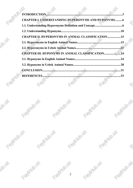 nd our understanding of it. this hierarchical structure is not only crucial for language acquisition and communication but also for various fields such as taxonomy, linguistics, and artificial intelligence. in the english language, the classification of animal names through hyperonyms and hyponyms is quite systematic. for instance, the term "mammal" is a hyperonym that includes hyponyms like "whale," "bat," and "human." this categorization can become increasingly specific; for example, within the category of "dog" (a hyponym of "mammal"), there are further hyponyms such as "labrador," "beagle," and "poodle." the english language often employs latinbased scientific nomenclature for precise classification, especially in academic and scientific contexts. however, in everyday language, more common terms are used, reflecting the cultural and practical significance of certain animals. the common names often reveal historical and cultural connections between humans and animals, as seen in the rich tapestry of idioms and expressions in english. the uzbek …