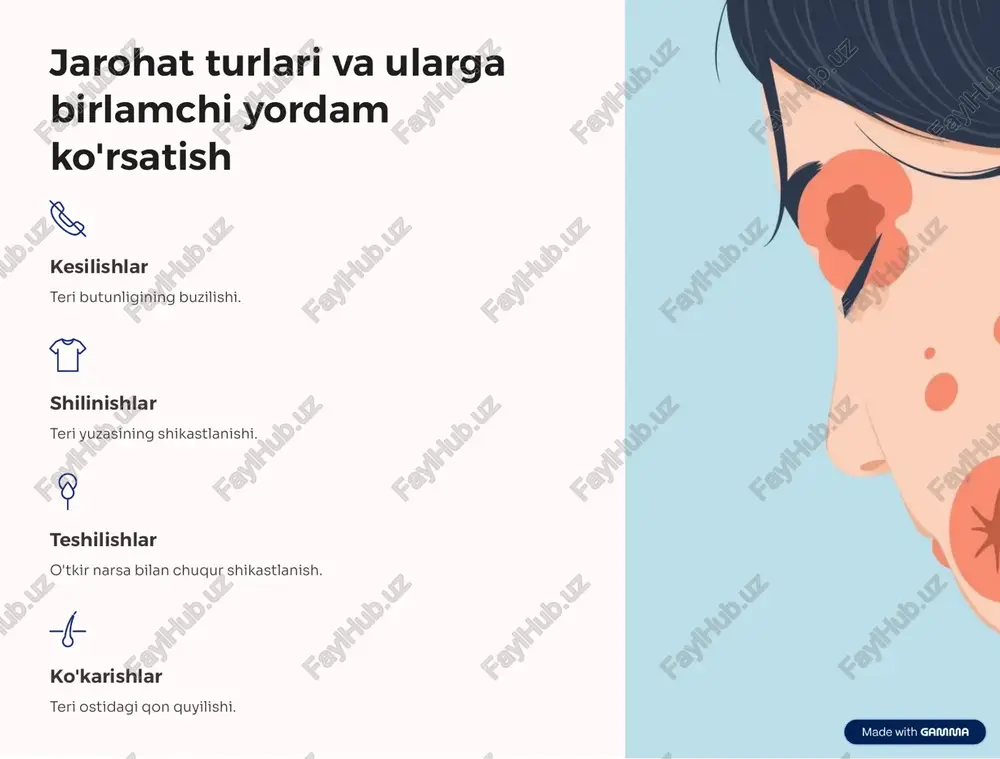 s olishni tekshiring ko'krak qafasining harakatiga qarang, eshiting va sezishga harakat qiling. 3 ko'krak qafasini siqish 30 ta siqishni bajaring, so'ngra 2 ta sun'iy nafas bering (30:2 nisbat). https://gamma.app/?utm_source=made-with-gamma bolalarga birlamchi yordam ko'rsatishning o'ziga xosliklari vazn va yoshga mos dozalar ruhiy qo'llab-quvvatlash issiqlikni nazorat qilish havo yo'llarining kichikligi bolalarga yordam ko'rsatishda ehtiyotkorlik va noziklik talab etiladi. har doim professional yordamga murojaat qiling! https://gamma.app/?utm_source=made-with-gamma xulosa va yodda tutish kerak bo'lgan asosiy qoidalar bilim asosiy ko'nikmalarni o'rganing. tayyorgarlik birinchi yordam qutisini tayyorlang. xotirjamlik vaziyatda tinch qoling. harakat kerakli choralarni ko'ring. https://gamma.app/?utm_source=made-with-gamma