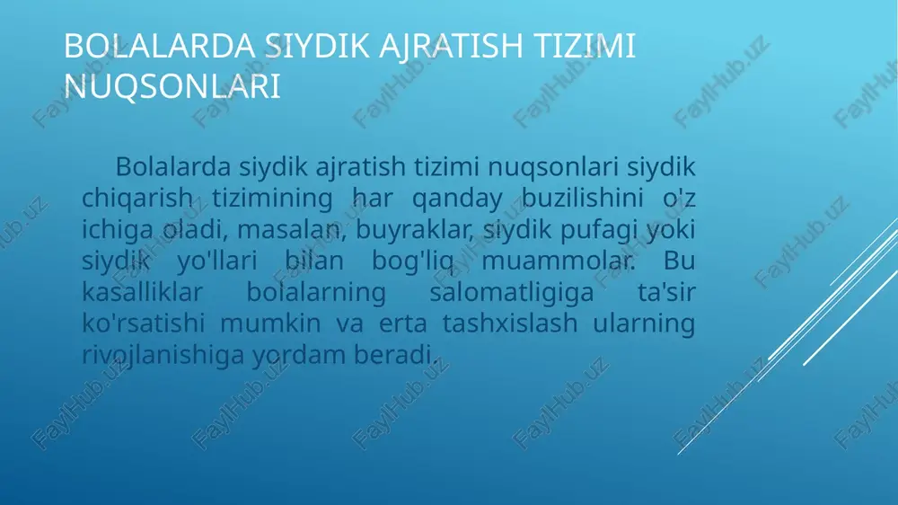 oblaydi va uning asosida siydik pufagi innervatsiyasi rivojlanishidagi anomaliyalar yotadi deb ta’kidlaydi. ba’zi tadqiqotchilar enurez paydo bo’lishida siydik pufagiga ta’sir qiluvchi biologik faol moddalar (serotonin, gistamin, prostoglyutsin va eng muhimi — vazopressin) sekretsiyasining disfunktsiyasi muhim omil ekanligini aytishadi. davolash hozirgi davrda aholi o’rtasida siydik tuta olmaslik davolanishni talab etmaydi degan nuqtai nazar keng tarqalgan. bunday holda bemorga faqat ba’zi bir texnikalarga rioya qilish tavsiya etiladi. masalan, ma’lum bir soatlarda peshob chiqarish, suyuqlik qabulini kamaytirish, kofein va diuretik ta’sir ko’rsatadigan boshqa mahsulotlardan saqlanish va sabrli bo’lish. natijada, 7 yoshli bolalar orasida kasallikning tarqalganligi 5-10% ni tashkil qiladi. shu bilan birga, enurez nisbatan yaxshi sifatli holatdir. o’z-o’zidan shifo topish chastotasi u yoki bu choralar ko’rilishidan qat’iy nazar yiliga 15% ni tashkil qiladi. ammo, yetti yoshgacha bo’lgan bolalarning yuztadan yettitasida bu kasallik saqlanib qoladi. siydik yo‘llarining infeksiyasi siydik yo‘llarining infeksiyasi — bu siydik chiqarish tizimida yuzaga keladigan infeksiyalarni anglatadigan umumiy atama. siydik tizimi …