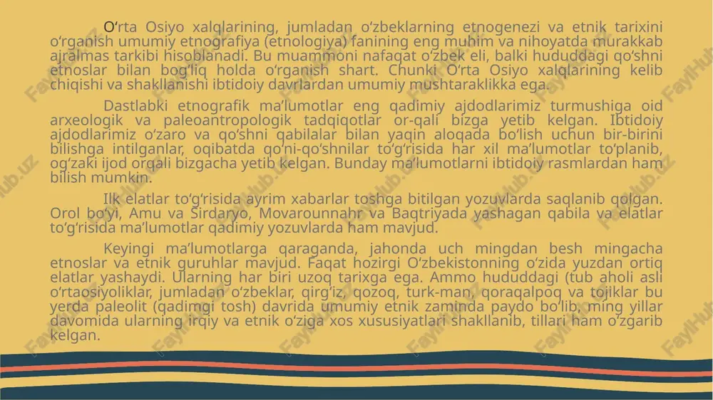 viloyatlar va etnik birikmalar, xalq va elatlar yuzaga kelgan. jumladan, ko‘hna oks (amu) va yaksart (sirdaryo) bo‘ylarida yirik skif hamda sarmat, sak-massaget qabilalari uyushmasi yuzaga kelgan. bepoyon yevroosiyo va markaziy osiyo dashtlarida itil (volga) bo‘ylaridan sharqda enasoy (yenisey), janubda hamda amu, sirdaryo va orol dengizi sohillarida skiflar nomi bilan tarixga kirgan juda ko‘p sonli ko‘chmanchi qabilalar va o‘troq elatlar yashagan. mazkur xududda yashagan qabila va elatlar faqat tiligina emas, balki xo‘jalik faoliyati, madaniyati, kelib chiqishi jihatidan ham umumiylikka ega bo‘lganligi arxeologlar tomonidan aniqlandi. mazkur etnik guruhlar qo‘shni xalqlar tarixida ham muhim rol o‘ynaganligini antik mualliflar qayd qiladilar. daryo sohillarida yashovchi sak-massaget, sarmat va hokazo qabilalar dehqonchilik bilan shug‘ullanganlar, tosh, mis, bronza qurollari, bezak va buyumlar ishlab chiqarganlar, ko‘chmanchi qavmlar esa chorvachilik bilan shug‘ullanganlar. eramizdan avvalgi ii ming yillik oxirlarida dashti-qipchoqdagi mazkur ko‘chmanchi va yarim o‘troq qabilalarning bir qismi hozirgi qozog‘iston va o‘rta osiyoning shimoliy hududlarida joylashgan, xorazm, marg‘iyona va baqtriyada …