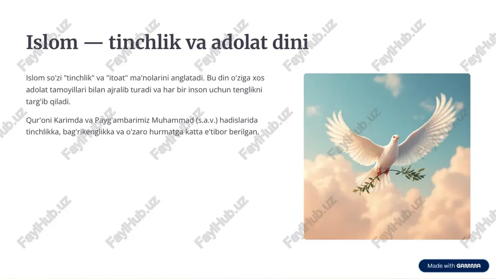 a�añ) 4 a��¿h±u±g ŋabañchu�añu farishtalar allohning nurdan yaratgan, doimo unga itoat qiladigan va turli vazifalarni bajaradigan maxluqotlardir. g'aōbuō «aļ�ěd¿č�añ ular inson ko'ziga ko'rinmaydigan, moddiy bo'lmagan jonzotlardir. vahuō ¿�ub �e�ěļchu�añ jabroil (a.s.) allohning vahiyini payg'ambarlarga yetkazgan. hu«¿ōa ļa ±aś¿ñač ba'zi farishtalar insonlarni himoya qiladi va ularning amallarini yozib boradi. https://gamma.app/?utm_source=made-with-gamma oŋuñač �ě±u (quō¿«ač) 4 ad¿�ač�u huÿ¿b-�uč¿b islom ta'limotiga ko'ra, bu dunyo hayoti vaqtincha bo'lib, undan keyin abadiy oxirat hayoti mavjud. qiyomat kuni barcha insonlar qayta tiriltirilib, qilgan amallari uchun hisob-kitob qilinadilar. tuñu�uÿh o'limdan so'ng, insonlar yana hayotga qaytariladi. huÿ¿b-�uč¿b har bir amal, yaxshi yoki yomon, o'lchanadi. ja±±ač ļa d¿'śaŋ amallar natijasiga ko'ra insonlar jannat yoki do'zaxga kiradilar. https://gamma.app/?utm_source=made-with-gamma taïduñ (qadañ) 4 a��¿h±u±g abaduō bu�u«u taqdir - bu allohning hamma narsani, bo'ladigan voqealarni va insonlarning tanlovlarini azaldan bilishidir. bu insonning erkin irodasini inkor etmaydi. 1 a��¿h±u±g bu�u«u alloh hamma narsani azaldan biladi. 2 eñ�u± uñ¿da inson o'z amallarida erkin tanlovga ega. 3 …