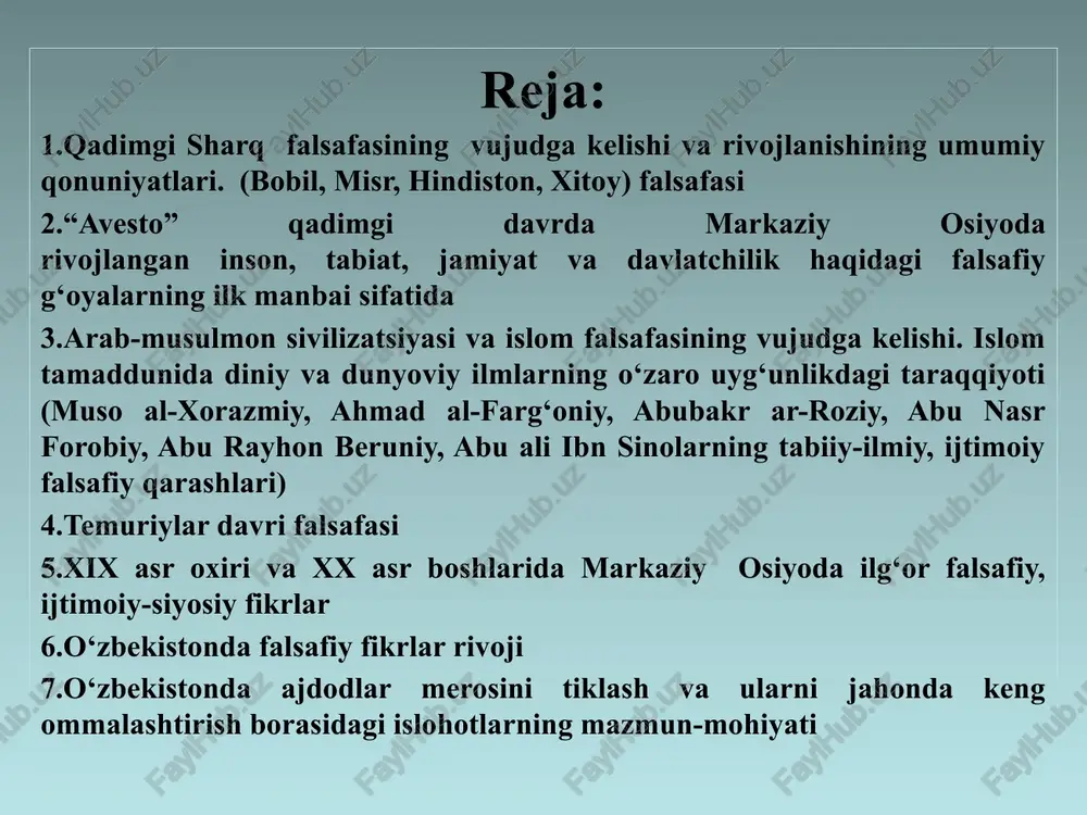 mifologik qarashlar bilan aralashgan holda namoyon bo‘lishidadir. sharq mamlakatlarida falsafiy tafakkur eramizdan avvalgi vi-iv mingyilliklarda misr, iroq, eron hind, xitoy, markaziy osiyo xalqlariga xos bo’lgan sivilizatsiyalarni qamrab oladi. sharq mamlakatlarida falsafa diniy ta’limot negizida paydo bo’lgan. qadimgi misr eramizdan oldingi to’rtinchi mingyillikni oxiri va uchinchi mingyillikni boshlarida qadimgi misrda falasafiy fikrlarning paydo bo’lishi, bir tomondan, dunyo haqidagi fanlar bo’lgan astronomiya, kosmologiya, matematika birinchi odimlari bilan yaqindan bog’liq bo’lgan bo’lsa, ikkinchi tomondan afsonalar bilan bog’liq bo’lgan bo’lgan. yozma manbalaridan “arfist qo‘shigi»da o‘lganlardan hech kim qaytib kelgan emas, u dunyo, oxirat to‘g‘risidagi gaplar yolg‘on, u dunyo yo‘q, kishi jismi o‘lgandan keyin chirib loyga tuproqqa aylanadi, xaqiqiy hayot esa yerdagi hayotdir, yerdagi hayot va unda o‘z baxtini topish uchun kurashish lozim to’g’ridagi fikrlar bayon etilgan. qadimgi bobil qadimgi bobilda, adabiy yodgorlikdan biri «xo‘jayinning o‘z quli bilan hayotining mazmuni haqida suhbati» adabiy yodgorlikda birinchi tomondan xudolarga ishonish, ilohiy kuchlarning tabiat va jamiyatga ko‘rsatadigan ta'sirini …