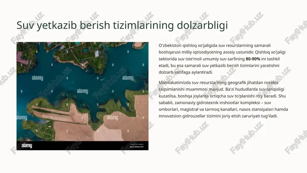 tiriladi. texnik parametrlar oqim tezligi: 0.5-2 m/s bosim: 2-10 atmosfera ko'tarish balandligi: 10-100 metr samaradorlik: 60-85% gidrouzellarni nasos agregatlariga nisbatan afzalliklari energiya mustaqilligi elektr energiyasiga mutlaqo ehtiyoj yo'q, bu esa yillik xarajatlarni 70-80% ga kamaytiradi va energiya ta'minoti muammosi bo'lgan qishloq joylarida ideal yechim hisoblanadi ekologik xavfsizlik atrof-muhitga hech qanday zarar yetkazmaydi, karbonat angidrid chiqindilari nolga teng, tabiiy resurslarni asrashga yordam beradi va barqaror rivojlanish tamoyillariga to'liq mos keladi oddiy texnik xizmat murakkab elektron tizimlar yo'qligi sababli texnik xizmat juda oddiy, faqat 6 oyda bir marta profilaktik tekshiruv talab etiladi va uzoq umr - 25-30 yilgacha xizmat qiladi qishloq joylari uchun ideal elektr tarmog'i mavjud bo'lmagan yoki barqaror elektr ta'minoti yo'q hududlarda mukammal ishlaydi, o'rnatish va ishlatish oddiy, mahalliy mutaxassislar tomonidan boshqarilishi mumkin amaliy misol: orenburg universiteti tadqiqoti sokolov va naumov ilmiy tadqiqoti (2021) gidrouzellar guruhi bir nechta gidrouzellarni parallel ulash orqali suv ta'minoti tizimida elektr energiyasiz barqaror ishlashni ta'minlash …