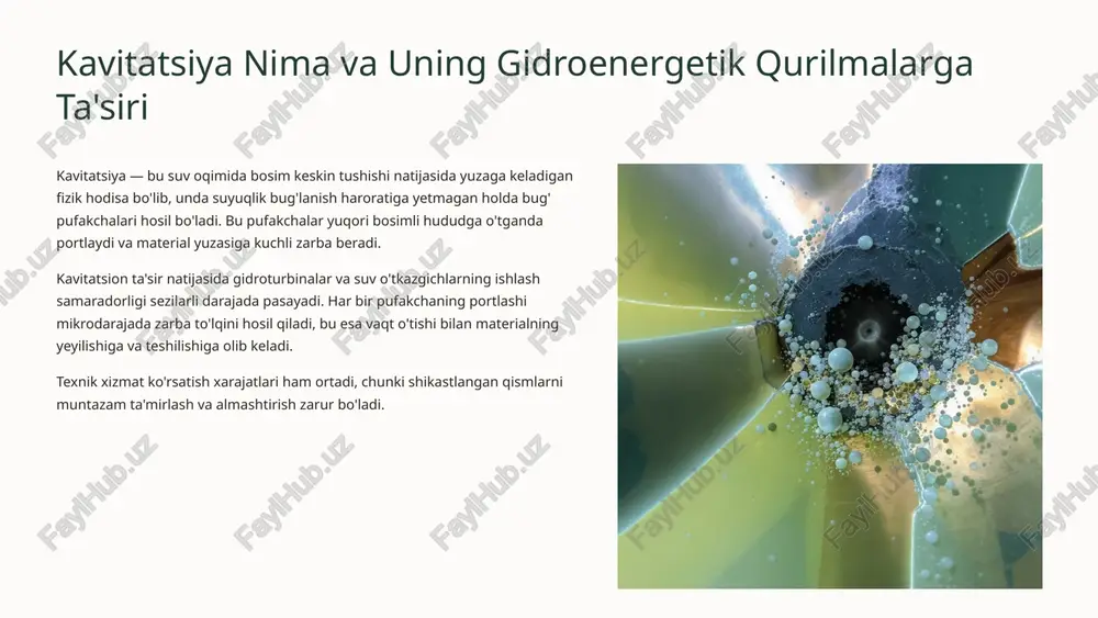 ratsiyasi mavjud bo'lib, bu gidroturbinalarning asosiy muammosiga aylanadi. iqtisodiy ta'sir adnan aslam noon (2021) tadqiqotiga ko'ra, sedimentlar gidroenergetik qurilmalarning ish faoliyatini 20-35% ga kamaytirishi mumkin. bu juda katta iqtisodiy yo'qotish hisoblanadi. texnik oqibatlar abraziv zarralar turbina pichoqlarini, muhrlash tizimlarini va boshqa harakatchan qismlarni bosqichma-bosqich yeyib, qurilmaning umrini qisqartiradi va ta'mirlash chastotasini oshiradi. kavitatsiyaga chidamli energiya yutgichlar va ularning afzalliklari innovatsion yechim shamxor va artyom suv inshootlarida kavitatsiyaga chidamli energiya yutgichlar muvaffaqiyatli qo'llanildi va bu texnologiya o'zini yaxshi ko'rsatdi (bakhtiyor obidov va boshqalar, 2021). bu maxsus loyihalangan yutgichlar suvning ortiqcha kinetik energiyasini bosqichma-bosqich so'ndiradi va oqim tezligini nazorat ostida kamaytiradi. natijada, kavitatsiya hosil bo'lish xavfi keskin kamayadi. yuqori tezliklarda ishlash kavitatsion yeyilishsiz yuqori oqim tezliklarida ishlash imkonini beradi, bu esa qurilma quvvatini maksimal darajada ishlatish imkoniyatini yaratadi. uzoq muddatli bardoshlilik materialning shikastlanishi kamayadi va qurilmaning xizmat muddati sezilarli darajada uzayadi, bu esa investitsiyaning qaytarilish muddatini qisqartiradi. kavitatsion oqimning gidrodinamik yuklamalarga ta'siri …