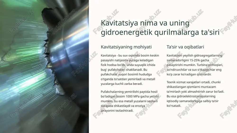 o-yoriqlar paydo bo'ladi va materialning parchalanishi sodir bo'ladi. bu jarayon vaqt o'tishi bilan kuchayib boradi. kavitatsion eroziya siklik jarayon bo'lib, u doimiy ravishda takrorlanadi va nihoyatda metall qismlarning jiddiy shikastlanishiga olib keladi. zamonaviy tadqiqotlar shuni ko'rsatadiki, bir necha soat ichida minglab pufakchalar yemirilishi natijasida metall yuza 0.1-0.5 mm chuqurlikdagi shikastga duchor bo'lishi mumkin. kavitatsion pufakchalar yorilishi va gidro-abraziv yeyilish jarayoni mikroskopik ko'rinishda kavitatsion pufakchalarning yemirilishi va metall yuzaga ta'siri. bu tasvir gidroenergetik qurilmalarda yuz beradigan murakkab fizik-kimyoviy jarayonlarni namoyish etadi. pufakchalarning dinamik harakati va ularning metall bilan o'zaro ta'siri zamonaviy texnologiyalar yordamida kuzatilmoqda. gidro-abraziv yeyilish: suv oqimidagi qattiq zarrachalar ta'siri abraziv zarrachalar turlari tabiiy suv oqimlarida qum, loy, gil zarrachalari, tosh bo'laklari va organik moddalar mavjud. bu zarrachalarning o'lchami 0.01 mm dan 5-10 mm gacha bo'lishi mumkin. qum zarrachalari - eng xavfli abraziv material loy va gil - metall yuzalarni qoplash orqali korroziyani tezlashtiradi tosh bo'laklari - mexanik shikast yetkazadi …