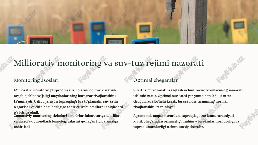agi ortiqcha suv va unda erigan tuzlar zovur quvurlari orqali kollektorlarga, so'ngra maxsus havzalarga yo'naltiriladi. bu jarayon tuproqning fizik-kimyoviy xususiyatlarini yaxshilaydi va ekinlar uchun qulay sharoit yaratadi. zovur tizimining sxemasi: suv sathi va drenaj yo'llari yog'ingarchilik va sug'orish tuproqqa suv kirishi filtratsiya jarayoni suv tuproq qatlamlaridan o'tadi zovur quvurlari ortiqcha suvni yig'ish kollektor tizimi suvni chiqarib yuborish sxemada ko'rsatilganidek, zovur tizimlari bir necha qatlamli tuzilmaga ega. asosiy elementlar: zovur quvurlari (odatda 1-1,5 m chuqurlikda), filtr materiali, kollektor kanallar va nasos stantsiyalari. suv sathini optimal darajada ushlab turish uchun tizimning barcha elementlari o'zaro muvofiqlikda ishlashi zarur. ta'mirlash-ekspluatatsion tadbirlarni asoslashning ilmiy yondashuvlari 01 monitoring va diagnostika suv sifati va tuz miqdorini muntazam monitoring qilish orqali tizimning haqiqiy holatini aniqlash. laboratoriya tahlillari, dala kuzatuvlari va instrumental o'lchashlar yordamida ma'lumotlar to'planadi. 02 tahlil va baholash to'plangan ma'lumotlar asosida sho'rlanish darajasi, zovur tizimining ish qobiliyati va ta'mirlash zaruriyatini baholash. kritik nuqtalarni aniqlash va muammoli hududlarni …