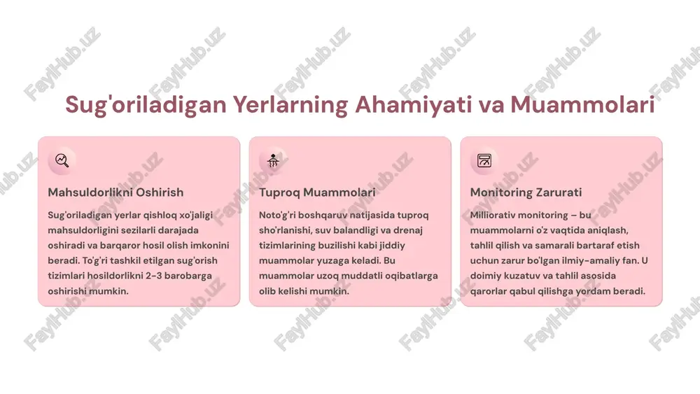 miqyosda baholash mumkin. sun'iy yo'ldoshlar orqali olingan ma'lumotlar yuqori aniqlikdagi tahlil imkonini beradi. 02 indekslar va modellar tuproq sho'rlanishi va yer osti suvlarining minerallashuvi monitoringi uchun maxsus indekslar ishlab chiqilgan. ndvi, ndsi va boshqa indekslar yordamida tuproq holati baholanadi. 03 xaritalar yaratish ushbu texnologiyalar yordamida aniq xaritalar va prognoz modellari yaratiladi. bu xaritalar fermerlar va mutaxassislar uchun qaror qabul qilishda muhim vosita hisoblanadi. 04 real vaqt monitoringi zamonaviy sensorlar va iot qurilmalari yordamida tuproq namligi, sho'rlanish darajasi va suv sifati doimiy ravishda kuzatib boriladi va ma'lumotlar markazlashtirilgan platformaga yuboriladi. xorazm misoli: zovurlar holati va tuproq sho'rlanishi tadqiqot natijalari 2017-2018 yillarda olib borilgan keng qamrovli tadqiqotlar asosida yer osti suvlarining darajasi va minerallashuvi chuqur o'rganildi. ma'lumotlar to'plash uchun 150 dan ortiq nazorat quduqlari ishlatildi. muammolar va ta'sir zovurlar va drenaj tarmoqlarining holati bevosita tuproq sho'rlanishiga ta'sir qilmoqda. eskirgan va buzilgan zovurlar natijasida 35% maydonlarda sho'rlanish darajasi kritik chegaradan oshgan. gis yordamida …