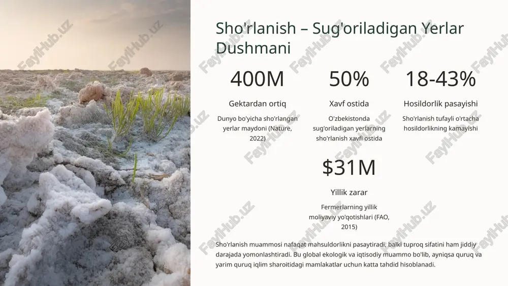 h darajasini aniqlash va nazorat qilish uchun o'rnatilgan muntazam kuzatuv tizimi. u tuproq, suv va o'simliklarning holatini davomli tahlil qilish imkonini beradi. samaradorlikni oshirish sug'orish tizimlarining samaradorligini oshirish va suv resurslarini tejash orqali qishloq xo'jalik mahsuldorligini sezilarli darajada yaxshilash mumkin. bu iqtisodiy va ekologik jihatdan foydali yondashuv hisoblanadi. o'zbekistonda joriy etilishi hozirgi kunda o'zbekistonda meliorativ monitoring tizimi sug'oriladigan yerlarning 60% ida joriy etilgan va doimiy ravishda kengaytirilmoqda. bu barqaror qishloq xo'jaligi rivojlanishining muhim qadamidir. zamonaviy meliorativ monitoring usullari masofadan zondlash sun'iy yo'ldosh tasvirlari va masofadan zondlash texnologiyalari yordamida keng hududlarni bir vaqtning o'zida tahlil qilish imkoniyati. bu usul sho'rlangan maydonlarni aniq aniqlash va ularning dinamikasini kuzatish uchun juda samarali vosita hisoblanadi. kimyoviy tahlil tuproq va suv namunalarini laboratoriyada kimyoviy tahlil qilish orqali sho'rlanish darajasi, tuzlarning tarkibi va kontsentratsiyasini aniq aniqlash mumkin. bu an'anaviy, ammo juda ishonchli usul bo'lib qolmoqda. vegetatsiya indekslari ndvi (normalized difference vegetation index) va savi (soil adjusted …
