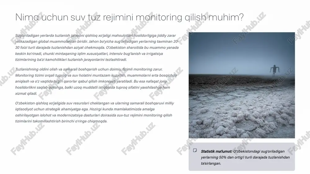 o'tishi bilan o'zgarishini tavsiflovchi ko'rsatkichlar majmuasidir. tuz rejimini to'g'ri tushunish va baholash samarali monitoring tizimini qurish uchun asosdir. elektrokonduktivlik (ec) suvdagi umumiy tuz miqdorini o'lchaydigan asosiy ko'rsatkich. ec qiymati decisiemens/metr (ds/m) yoki millisiemens/sm (ms/sm) birliklarida o'lchanadi. ec 3.0 ds/m - yuqori minerallashgan suv hisoblanadi. tuzlarning kimyoviy tarkibi xloridlar (cl⁻), sulfatlar (so₄²⁻), karbonatlar va bikarbonatlar (co₃²⁻, hco₃⁻), natriy (na⁺), kaltsiy (ca²⁺), magniy (mg²⁺) kabi asosiy ionlar tarkibi. har bir tuz turi o'simliklar va tuproq xossalariga o'ziga xos ta'sir ko'rsatadi. tuproq tuzlanish darajasi tuproqning turli qatlamlarida to'plangan tuzlar miqdori va ularning vertikal bo'ylab tarqalishi. tuzlanish darajasi: zaif ( 1.0%) bo'lishi mumkin. ushbu ko'rsatkichlarni kompleks tahlil qilish orqali tuproq va suvning haqiqiy holatini aniqlash, sug'orish rejimini optimallashtirish va tuzlanishga chidamli ekin turlarini tanlash mumkin bo'ladi. 3 monitoring usullari: an'anaviy va zamonaviy suv-tuz rejimini monitoring qilishning turli usullari mavjud bo'lib, ularning har biri o'ziga xos afzallik va qo'llanilish doirasiga ega. zamonaviy amaliyotda an'anaviy va …