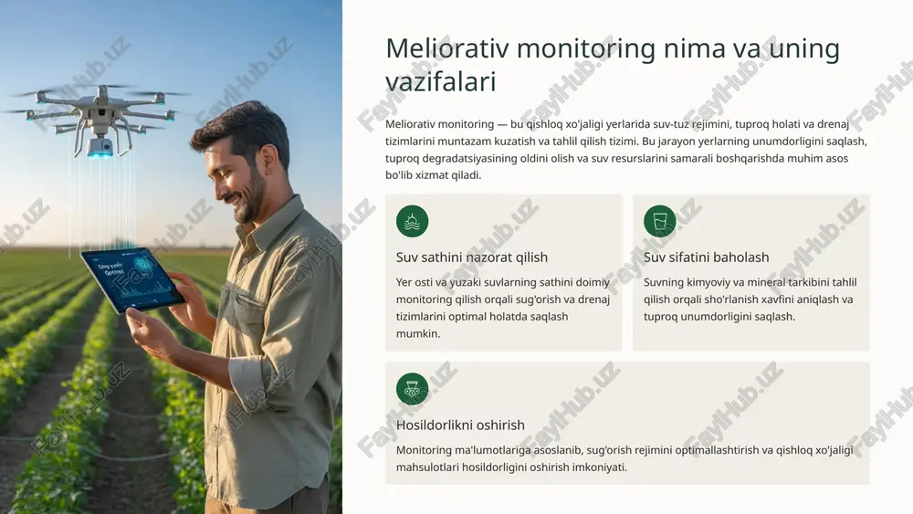 ori mineralizatsiya tuproq sho'rlanishiga olib keladi. o'zbekiston sharoitida olib borilgan tadqiqot cho'l va yarim cho'l mintaqalarida mineralizatsiya darajasi 2.8–3.5 g/l bo'lgan suv bilan sug'orish tajribalari o'tkazildi. natijalar shuni ko'rsatdiki, to'g'ri boshqarilgan sug'orish rejimida bug'doy hosildorligi 1.5 sentner/ga oshgan. minerallarning optimal nisbati sug'orish suvidagi ca va mg nisbati o'simliklar o'sishi uchun muhim. na ning yuqori miqdori tuproq strukturasini buzishi va o'tkazuvchanligini pasaytirishi mumkin. k va ca esa o'simliklarning stressga chidamliligini oshiradi. suvning kimyoviy tarkibini monitoring qilish meliorativ monitoringda suvning kimyoviy tarkibini aniqlash muhim ahamiyatga ega. suvdagi elementlarning konsentratsiyasini aniqlash uchun zamonaviy analitik usullar qo'llaniladi. atomik absorpsiya spektrometriyasi (aas) eng aniq va keng tarqalgan usullardan biri bo'lib, og'ir metallar va makroelementlarni aniqlashda yuqori samaradorlikka ega. tahlil qilinadigan elementlar og'ir metallar: cu (mis), zn (rux), fe (temir), mn (marganes), pb (qo'rg'oshin), cd (kadmiy) makroelementlar: ca (kaltsiy), mg (magniy), k (kaliy), na (natriy) anionlar: cl⁻ (xlorid), so₄²⁻ (sulfat), hco₃⁻ (gidrokarbonat) namuna olish turli manba …