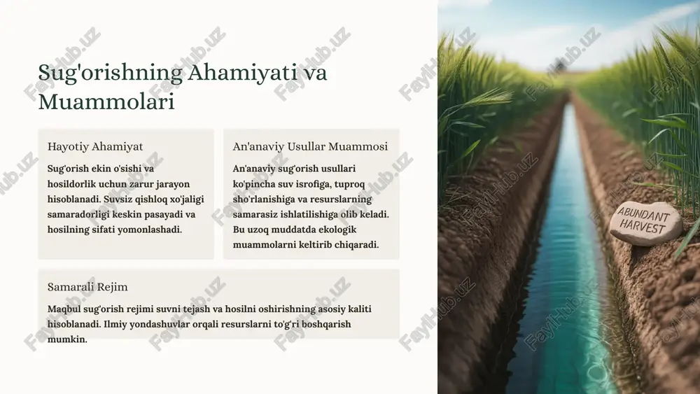 asalan, gullash va meva bog'lash davrida suv talabi yuqori bo'ladi. 02 tuproq xususiyatlari tuproqning tuzilishi va suv ushlab turish qobiliyati sug'orish rejimini belgilashda hal qiluvchi omil. qumli tuproqlar tez quraydi, loyqa tuproqlar esa suvni uzoqroq saqlaydi. 03 iqlim sharoitlari havo harorati, namlik va shamol tezligi evapotranspiratsiya (et) ko'rsatkichlariga ta'sir qiladi. bu parametrlar asosida sug'orish miqdori va chastotasi aniqlanadi. sug'orish rejimini optimallashtirish: ilmiy tamoyillar sug'orish vaqti va miqdori sug'orish rejimini tanlashda ikki asosiy yondashuv mavjud: chuqur va kamroq tez-tez sug'orish, yoki tez-tez va oz miqdorda sug'orish. har bir usulning o'z afzalliklari va kamchiliklari bor. chuqur sug'orish ildiz tizimini rivojlantirishga yordam beradi tez-tez sug'orish tuproq namligini barqaror ushlab turadi tuproq va ildiz tizimi tuproqning suv sig'imi va ildiz tizimining chuqurligi muhim ko'rsatkichlar. ildizlar qanchalik chuqur bo'lsa, ekin qurg'oqchilikka shunchalik chidamli bo'ladi. tuproqning fizik-kimyoviy xususiyatlarini o'rganish zarur. sho'rlanishning oldini olish tuproq sho'rlanishi katta muammo hisoblanadi. qo'shimcha yuvish suvi bilan tuproqdagi ortiqcha tuzlarni chuqur …