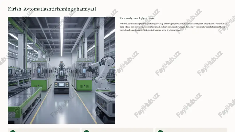 tizimlari uy-joy kommunal xo'jaligi ko'p qavatli uy-joylar ofis binoları va savdo markazlari yoritish tizimlari issiqlik ta'minoti va ventilyatsiya 3 asboblar va avtomatlashtirishning texnik vositalari zamonaviy elektr shchitlari turli xil texnik vositalar bilan jihozlanadi. har bir element o'z vazifasini bajaradi va umumiy tizimning ishonchli ishlashini ta'minlaydi. boshqaruv elementlari relelar - signallarni uzatish va boshqarish uchun elektromexanik qurilmalar. kontaktorlar - katta quvvatli yuklamalarni ulash va uzish. datchiklar - harorat, bosim, namlik va boshqa parametrlarni o'lchash uchun sensor qurilmalar. himoya elementlari avtomat o'chirgichlar - qisqa tutashuv va ortiqcha yuklanishdan himoya. sug'urta - elektr zanjiridagi ortiqcha tokdan himoya vositasi. differentsial avtomatlar - elektr toki urishidan himoya qiluvchi zamonaviy qurilmalar. o'lchash asboblari voltmetrlar - kuchlanishni o'lchash. ampermetrlar - tok kuchini aniqlash. multimetrlar - ko'p funksiyali o'lchash qurilmalari. energiya hisoblagichlar - iste'mol qilingan elektr energiyasini hisobga olish. kabel va simlar: tanlash va joylashtirish to'g'ri kabel tanlash elektr tizimining ishonchli ishlashi uchun muhim ahamiyatga ega. kabel kesimi …