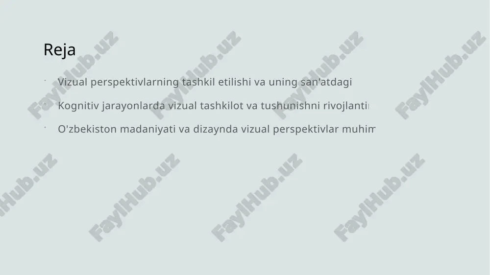 kattalashtirish yoki kichaytirish imkonini beradi, estetik va funksional muvozanatni ta'minlaydi. perspektivlarning vizual tashkiloti va estetik ta'siri 1 himoya va chuqurlik perspektivlar vizual tashkilotda chuqurlik va hajmni yaratishda muhim rol o'ynaydi. to'g'ri perspektiv san'at asarlariga realistik va estetik ta'sir qo'shadi. 2 rang va kompozitsiya perspektivlar rang va kompozitsiya bilan uyg‘unlikda estetik ta'sirni kuchaytiradi. ular orqali diqqat markazlari va muhim elementlar ajralib turadi. 3 simmetriya va balandlik perspektivlarning simmetriya va balandlik bilan bo‘lishi, muvozanat va dinamikani ta'minlaydi. bu esa ko‘rish jarayonini estetik tarzda rivojlantiradi. san'at asarlarida chuqurlik va hajmni yaratishda perspektivning o'rni 1 chuqurlikni ifodalash perspektivning yordamida san'at asarlarida chuqurlikni yaratish uchun o'zaro nuqtalar va chiziqlar orqali makon hisini hosil qilamiz. bu usul tomoshabinga hajm va kenglikni anglash imkonini beradi. 2 hajm va shakl yaratish perspektiv texnikasi yordamida ob'ektlarning kattaligi va shakli haqiqiy makonda qanday ko'rinishini ta'minlaydi. bu, ayniqsa, uch o'lchovli san'at asarlarida muhimdir. 3 tadqiq va amaliyot chuqurlik va hajmni to'g'ri …