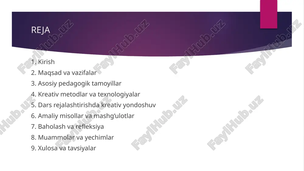 iyat va ijtimoiy kontekstni hisobga olgan holda darslar tuzish muhimdir. bu tamoyillar kreativ metodlarning samaradorligini oshirib, o‘quvchilarning mustaqil fikrlashini rag‘batlantiradi. kreativ metodlar va texnologiyalar kreativ yondoshuvda loyihaviy ta’lim, dramatizatsiya, hikoya va case-metodlar, o‘yinlashtirish (gamification), muammoga yo‘naltirilgan o‘qitish va xizmat orqali o‘rganish (service-learning) kabi metodlar keng qo‘llaniladi. axborot-kommunikatsiya texnologiyalari — interaktiv taxtalar, ta’limiy platformalar va multimediya resurslari darsni jonlantirib, vizual va amaliy tajriba beradi. har bir metod o‘quvchilarning turli o‘rganish uslublariga mos kelishi, ijodkorlik va hamkorlikni rivojlantirishi uchun maqsadli tanlanishi lozim. texnologiyalar bilan uyg‘un pedagogik dizayn esa ta’lim sifatini oshirishga xizmat qiladi. dars rejalashtirishda kreativ yondoshuv dars rejasi an’anaviy tuzilmani saqlagan holda kreativ elementlarni o‘z ichiga olishi kerak: motivatsion boshlang‘ich, faoliyatga yo‘naltirilgan asosiy qism, refleksiya va mustahkamlash. vazifalar diferensiyalangan bo‘lib, turli qiyinchilik darajasidagi topshiriqlar, guruh va individual ishlash formlari, shuningdek real hayotga yo‘naltirilgan loyihalar rejalashtiriladi. vaqtni samarali boshqarish, baholash mezonlarini oldindan belgilash va materiallarni interfaol shaklda taqdim etish — muvaffaqiyat kalitidir. …