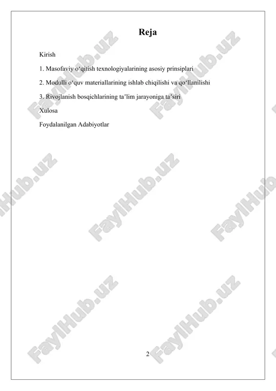 dagi roli kengayib, ta'lim sohasida yangi innovatsion yondashuvlar va metodlarni ishlab chiqishga turtki bo‘ldi. rivojlanish jarayonining yangi bosqichlarida, masofaviy va modulli oʻqitish texnologiyalari interaktiv, shaxsga mos va texnologik rivojlangan shakllarini qabul qilmoqda, bu esa ta'lim sohasida innovatsiyalar va pedagogik yondashuvlarning kengayishiga imkon yaratmoqda. i. masofaviy oʻqitish texnologiyalarining asosiy prinsiplari 1.1 masofaviy oʻqitish texnologiyalarining asosiy prinsiplari masofaviy oʻqitish texnologiyalarining asosiy prinsiplari ta'lim sohasida yangi pedagogik yondashuvlarning rivojlanishi va keng qo‘llanilishi uchun muhim asos bo‘lib xizmat qiladi. bu prinsiplarga amal qilish orqali ta'lim jarayonining shaxsga moslashuvchanligi, samaradorligi va interaktivligi ta’minlanadi. masofaviy oʻqitish texnologiyalarining asosiy prinsiplari quyidagilardan iborat bo‘lib, ular ta'lim muassasalarida va o‘quvchilarning mustaqil o‘qish jarayonida muhim ahamiyatga ega. birinchidan, masofaviy oʻqitishning eng muhim prinsipi – individual yondashuvdir. bu yondashuv o‘quvchilarning o‘ziga xos ehtiyojlari, qobiliyatlari va o‘qish uslublarini hisobga oladi. har bir o‘quvchi uchun moslashtirilgan ta'lim materiallari, mashqlar va vazifalar ishlab chiqiladi. bu esa o‘quvchilarning o‘z-o‘zini baholash va rivojlantirish imkoniyatlarini kengaytiradi. shuningdek, …