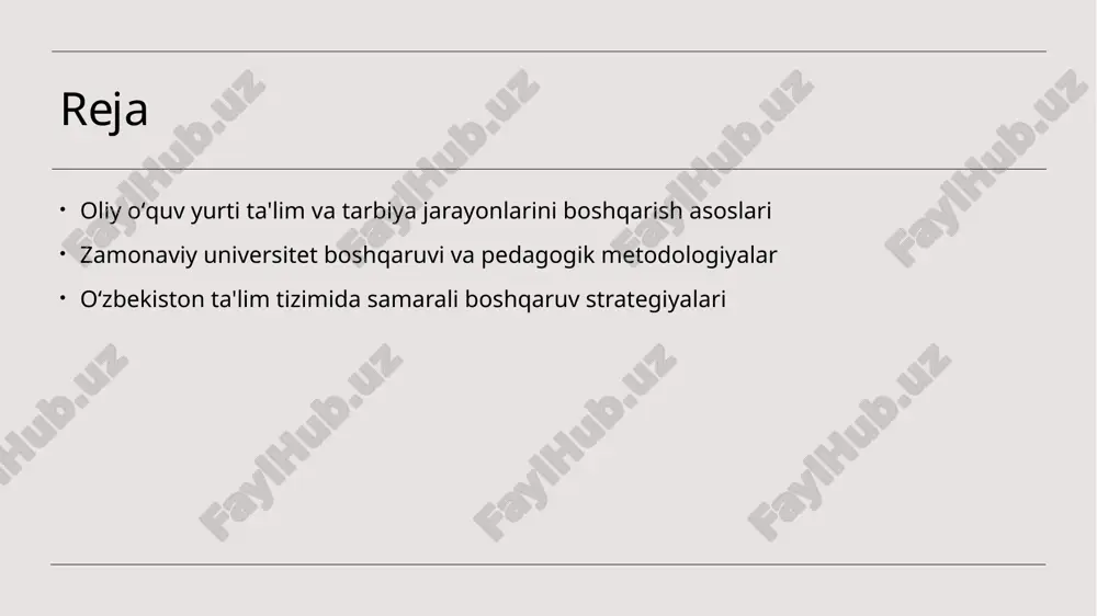 rishning roli strategik rejalashtirish oliy oʻquv yurti uchun muhim, chunki u uzoq muddatli maqsadlar va rivojlanish strategiyasini belgilaydi, resurslarni samarali taqsimlash imkonini beradi. 2 ma'lumot va tahlil toʻgʻri strategik reja uchun akademik va moliyaviy ma'lumotlar, bozor tendensiyalari va raqobat muhitining chuqur tahlili muhim, bu esa qarorlarni asosli qiladi. 3 ijro va monitoring strategik rejalashtirish jarayonida uni amalga oshirish va natijalarni nazorat qilish muhim, bu orqali rejalarning samaradorligi va moslashuvchanligi ta'minlanadi. akademik jarayonlarni boshqarishda zamonaviy metodologiyalar va texnologiyalar 1 innovatsion metodologiyalar - zamonaviy akademik jarayonlarni boshqarishda loyiha asosidagi yondashuvlar, interfaol metodlar va onlayn platformalar keng qo'llaniladi. bu usullar ta'lim sifatini oshirishga yordam beradi. 2 texnologik vositalar - raqamli texnologiyalar va axborot-kommunikatsiya texnologiyalari (akt) yordamida ma'lumotlarni boshqarish, baholash va nazorat qilish jarayonlari yanada samarali bo'lmoqda. 3 ma'lumotlarni analitika - big data va analitika vositalari ta'lim jarayonini kuzatish va baholashda muhim ahamiyat kasb etadi. bu usullar orqali individual va jamoaviy rivojlanish uchun strategiyalar …