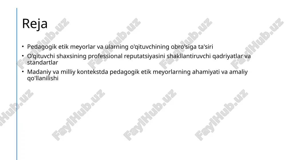 qadriyatlar etika va halollikdir. ular ishonch va professionallik muhitini mustahkamlashda muhim rol o'ynaydi. 2 huquqiy norma va majburiyat o'qituvchi uchun amal qiladigan normativlar va huquqiy majburiyatlar uning shaxsiy va professional obro'sini belgilaydi. bu qadriyatlar ta'lim jarayonida adolat va tenglikni ta'minlaydi. 3 insoniylik va hurmat insoniylik va hurmat qadriyatlari o'qituvchining ijtimoiy obro'sini oshiradi. ular talabalar bilan samimiy aloqani rivojlantiradi va pedagogik madaniyatni yuksaltiradi. pedagogik etik meyorlarning amaliy qo'llanilishi va ularning natijalari maqsadli qo‘llanma pedagogik etik meyorlar amaliyotda o‘qituvchilarning professionallashtirishiga yordam beradi, ularning ishonchliligini oshiradi va ta’lim sifatini yaxshilaydi. natijaviy ta’sir etik meyorlarning qo‘llanilishi o‘quvchilarning motivatsiyasini kuchaytiradi, muomala madaniyatini rivojlantiradi va ta’lim muassasalarida barqarorlikni ta’minlaydi. muammolar va yechimlar amaliyotda etik qiyinchiliklar yuzaga kelishi mumkin, ammo ularni yengish uchun uzluksiz treninglar va etik standartlarga rioya qilish zarur. madaniy kontekstda pedagogik etik meyorlarning o'rni va ahamiyati 1 madaniy kontekst pedagogik etik meyorlarining madaniy kontekstda o'rni va ahamiyati, o'qituvchining jamiyatdagi roli va madaniyatga moslik bilan …