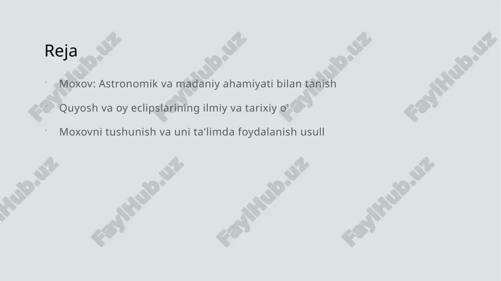 larini vizual ravishda tushunadilar. bu yondashuv ta’lim samaradorligini oshiradi. 3 kross-dars integratsiya astronomiya, tarix va madaniyatni birlashtirgan o'qitish usullari bilan moxov konseptini kengroq anglash mumkin. bu, o‘quvchilarning umumiy bilimlarini rivojlantiradi. 4 o‘quvchi markazli yondashuv talabalar faol ishtirokida moxovni o‘rganish uchun muhokama, loyiha va amaliy mashg‘ulotlar tashkil etiladi. bu, o‘quv jarayonini qiziqarli va samarali qiladi. quyosh va oy eclipslarining ilmiy asoslari va astronomik tushunchalar 1 quyosh eclipse - quyosh eclipse, quyosh va oy to‘g‘ridan-to‘g‘ri ketma-ketligini buzadigan hodisa. bu paytda oy, quyoshni to‘liq yoki qisman yopib, nur sochishni to‘xtatadi. bu jarayon, yer va kosmik jismlarning muvofiqlashuvi bilan yuzaga keladi va astronomiyada muhim o‘rin tutadi. 2 oy eclipse - oy eclipse, oy va yer o‘rtasidagi pozitsiyaning muvofiqlashuvi natijasida yuzaga keladi. bu hodisa, oyning yer bilan quyosh o‘rtasida joylashganida, oyning to‘liq yoki qisman qorong‘ulashiga olib keladi va tarix davomida muhim madaniy ahamiyatga ega bo‘lgan. 3 astronomik asoslar - eclipslar, fazoviy harakatlar va quyosh nurlari …