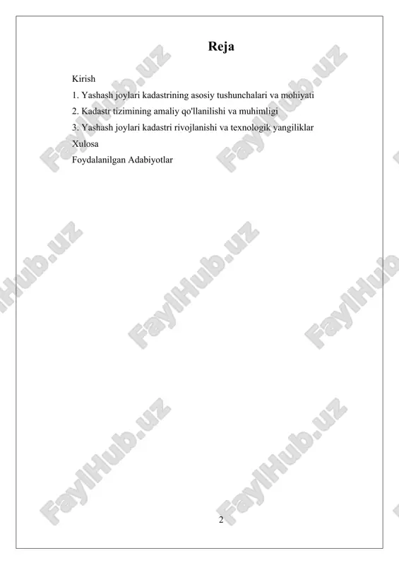 yangilanishi va boshqaruv samaradorligini oshirishga xizmat qilmoqda. aholi yashash joylari kadastrining rivojlanishi va takomillashtirilishi nafaqat yer resurslarini boshqarish uchun muhim vosita bo‘lib qolmay, balki davlat va mahalliy boshqaruv organlarining yer bilan ishlashdagi asosiy poydevori hisoblanadi. bu tizim orqali yer resurslarining adolatli va samarali foydalanilishi ta’minlanadi, shuningdek, aholining turmush sharoitlarini yaxshilash hamda iqtisodiy barqarorlikni mustahkamlash mumkin bo‘ladi. i. yashash joylari kadastrining asosiy tushunchalari va mohiyati yashash joylari kadastri – bu yer resurslarini tartibga solish va boshqarish uchun ishlab chiqilgan muhim tizim bo‘lib, u aholi yashash joylarining joylashuvi, hajmi, egalari va foydalanish maqsadlari haqidagi ma’lumotlarni to‘plash, hisobga olish va rasmiylashtirishga qaratilgan. ushbu kadastrning asosiy maqsadi – yer resurslarini aniq va ishonchli ma’lumotlar bazasini yaratish, ularni tartibga solish va himoya qilishdir. bu orqali yer mulkining huquqiy holati, yer uchastkalarining chegaralari va ulardan foydalanish tartibi aniq belgilanadi. yashash joylari kadastri – bu yer resurslarini boshqarish va tartibga solishdagi muhim vositadir. u davlat va mahalliy …