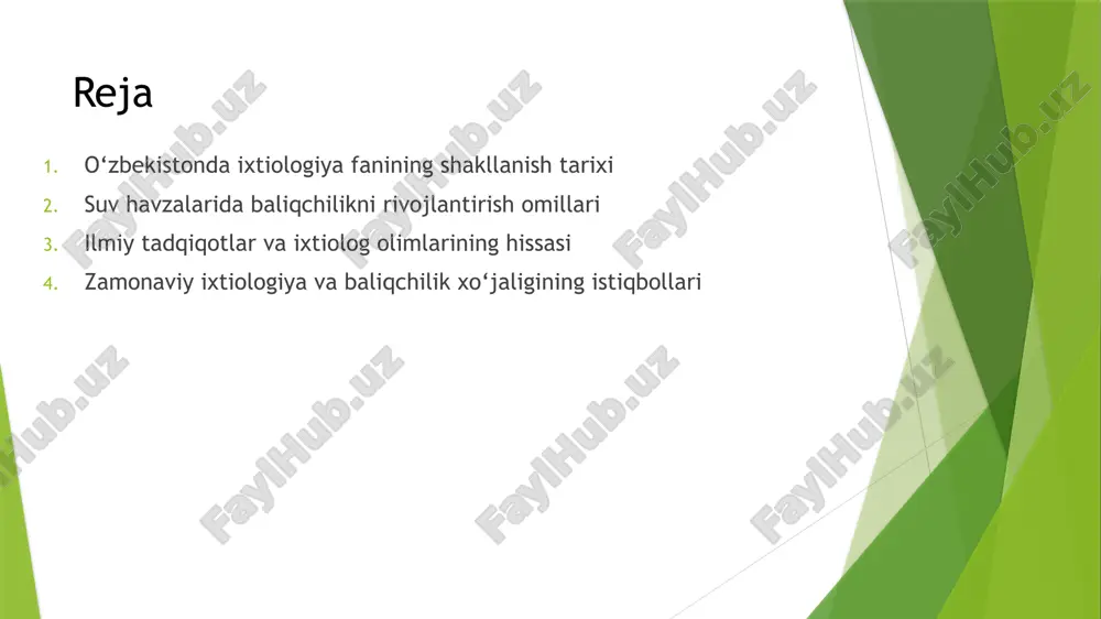 a yo‘qolib borayotgan baliq turlarini muhofaza qilishga ham xizmat qila boshladi. orol dengizi fojiasi oqibatida yuzaga kelgan ekologik muammolar ixtiolog olimlarining diqqat markazida bo‘ldi. ular suv resurslari kamayib borayotgan sharoitda baliqchilikni qayta tiklash, yangi turdagi xo‘jalik usullarini joriy etish ustida izlanishlar olib bordilar. suv havzalarida baliqchilikni rivojlantirish omillari suv havzalarida baliqchilikni rivojlantirish omillari mamlakatimizda oziq-ovqat xavfsizligini ta’minlash, aholini sifatli oqsil manbai bilan ta’minlash va ekologik muvozanatni saqlashda muhim ahamiyat kasb etadi. o‘zbekiston hududi ko‘plab daryo, ko‘l, suv omborlari hamda sun’iy suv havzalariga boy bo‘lib, ular baliqchilik xo‘jaliklarini rivojlantirish uchun katta imkoniyat yaratadi. shu boisdan suv havzalaridan samarali foydalanish va ularda baliqchilikni rivojlantirish omillari bir necha asosiy yo‘nalishlarda namoyon bo‘ladi. avvalo, tabiiy suv resurslarining boyligi va xilma-xilligi muhim omil hisoblanadi. amudaryo, sirdaryo, zarafshon kabi yirik daryolar, chorvoq, tuyamo‘yin, to‘dako‘l, andijon suv omborlari hamda boshqa suv havzalari baliqchilik uchun katta imkoniyat beradi. bu hududlarda tabiiy sharoitda ko‘plab baliq turlari mavjud bo‘lib, ular …