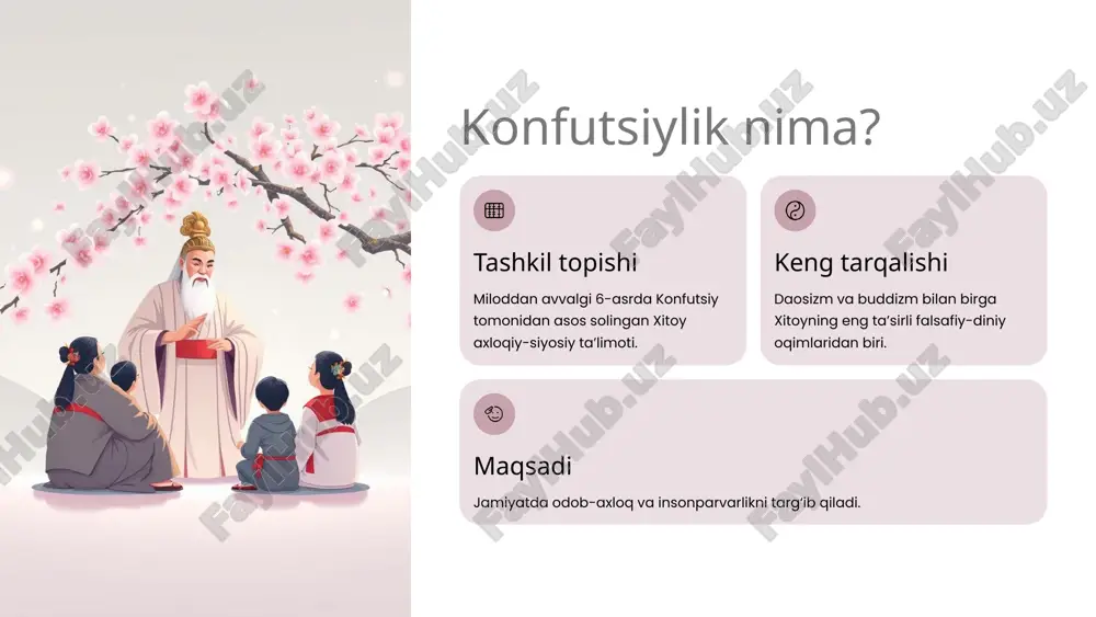 sh va to‘g‘ri yo‘ldan borishga jur'at. 5 konfutsiylikda taʼlimotning asosiy asarlari konfutsiylikning asosiy g'oyalari "buyuk taʼlimot" va "oʻrtalik haqida taʼlimot" kabi muhim asarlarda jamlangan. bu kitoblar odamlarning birgalikda oqilona yashashi, o'zaro hurmat va adolat tamoyillariga rioya etishi uchun yo‘l-yo‘riqlar beradi. ular axloqiy kamolotga erishish va jamiyat oldidagi burchlarni ado etish zaruratini ta'kidlaydi. 6 jamiyat va davlat boshqaruvi 01 qonunlarni moslashtirish konfutsiylik qonunlarni inson manfaatlariga moslashtirishni taʼkidlaydi, chunki faqat shu yo'l bilan adolatli boshqaruvga erishish mumkin. 02 odob ustuvorligi oddiy va keraksiz qonunlar jamiyatni buzadi; shuning uchun boshqaruvda odob va fazilatlar qonunlardan ko'ra muhimroq hisoblanadi. 03 tarixiy ta'sir xitoy tarixida konfutsiylik davlat taʼlimoti sifatida keng tarqalgan bo'lib, asrlar davomida boshqaruv tizimiga chuqur ta'sir ko'rsatgan. 7 konfutsiylikning zamonaviy ahamiyati bugungi kunda ham konfutsiylikning axloqiy qadriyatlari va insonparvarlik tamoyillari jamiyat hayotida muhim o'rin tutadi. oila, jamiyat va davlat boshqaruvida odob-axloq tamoyillari asosiy o‘rinni egallab, insoniy munosabatlarni mustahkamlaydi. konfutsiylik — qadimiy xitoyda paydo bo‘lgan …