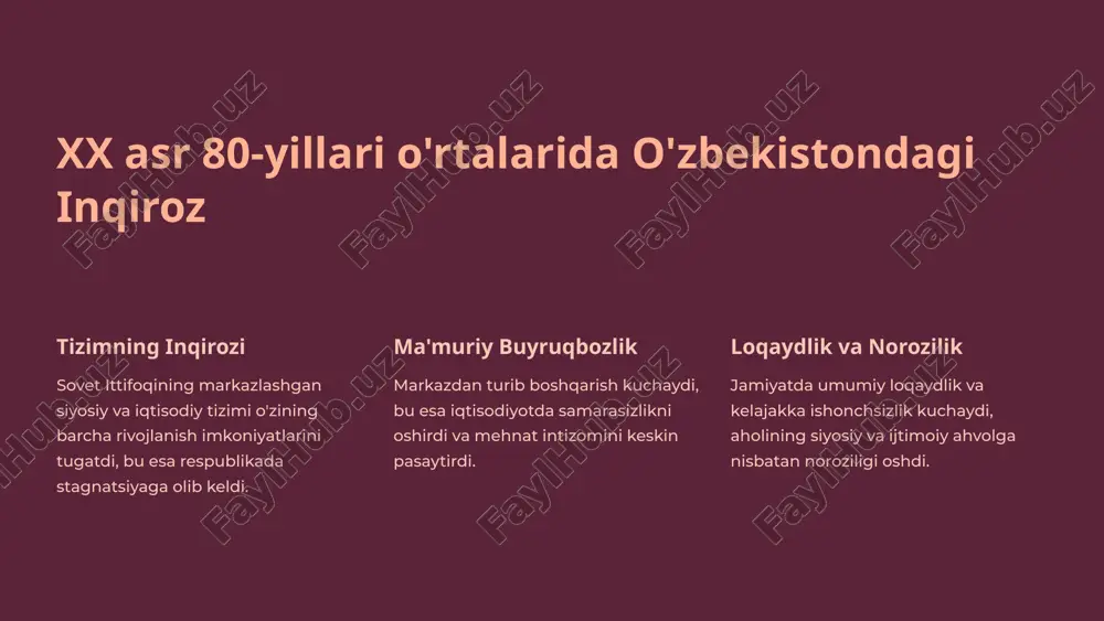 ekologik-iqtisodiy muammolar jiddiy muhokama qilina boshlandi, xalqning siyosiy faolligi oshdi. 4 iqtisodiy ahvolning og'irligi va sabablari markaziy boshqaruvning qattiq nazorati respublika iqtisodiyotini turg'unlik holatiga keltirib qo'ydi. 1987 yildan boshlab ishlab chiqarish sur'atlari keskin pasaydi, asosiy fondlarning eskirishi va investitsiya yo'qligi sababli iqtisodiy o'sish deyarli to'xtadi. 5 mustaqillik sari siyosiy harakatlar 1 1990 yil 18 iyun oliy kengashda mustaqillik deklaratsiyasi loyihasini muhokamasi boshlandi. 2 1990 yil 20 iyun o'zbekistonning mustaqillik deklaratsiyasi qabul qilindi. bu respublika suverenitetini e'lon qildi. 3 1991 yil 31 avgust oliy kengash o'zbekiston respublikasining davlat mustaqilligi to'g'risidagi qonunni qabul qildi. 4 1991 yil dekabr islom karimov o'zbekistonning birinchi prezidenti etib saylandi. 6 mustaqillikning ijtimoiy va madaniy ahamiyati milliy qadriyatlar tiklandi urf-odatlar va an'analar navro'z, ramazon va qurbon hayitlari kabi milliy va diniy bayramlar keng miqyosda qayta nishonlana boshlandi. diniy erkinlik din va e'tiqod erkinligi ta'minlandi, masjidlar va madrasalar faoliyati tiklandi, diniy adabiyotlarni nashr qilishga ruxsat berildi. erkinlik va …