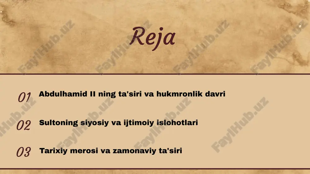 alarni himoya qilish, milliy o'zlikni mustahkamlashga qaratilgan chora-tadbirlar amalga oshirildi. bu o'zbeklarning milliy identitetini mustahkamladi. abdulhamid ii ning merosi abdulhamid ii ning merosi turk dunyosida zamonaviy ta'sirlar va xilma-xil reformlarni o'z ichiga oladi. uning hukmronligi davrida amalga oshirilgan siyosiy va ijtimoiy o'zgarishlar yosh avlodlar uchun muhim ta'lim va madaniyat rivojiga asos soldi. tarixiy ahamiyati bilan, u osmanli imperiyasining mustahkamlanishiga va milliy o'zlikni shakllantirishga katta yordam berdi. o'zbekiston tarixida, abdulhamid ii ning siyosati va madaniy merosi mamlakatimiz rivojida muhim o'rin tutadi, turk va o'zbek xalqlari o'rtasidagi aloqalarni mustahkamlashda asos bo'ldi. sultoning siyosiy islohotlari abdulhamid ii ning siyosiy islohotlari davlat boshqaruvini kuchaytirish va ichki barqarorlikni ta'minlashga qaratildi. ular orqali sultoning hokimiyatini kengaytirish maqsad qilingan. islohotlar maqsadi - siyosiy barqarorlik, milliy birlik va xavfsizlikni ta'minlash. natijada, uskunalar va boshqaruv tizimlari modernizatsiya qilindi, milliy xavfsizlik mustahkamlandi. islohotlar sultonga qaror qabul qilishda mustahkamlash imkonini berdi, markaziy hokimiyatni kuchaytirdi va siyosiy barqarorlikni ta'minladi. biroq, bu islohotlar …