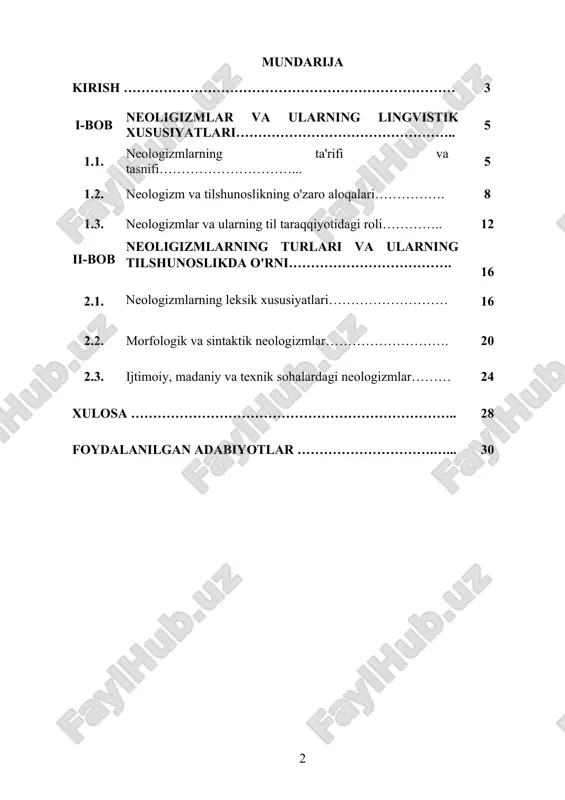 eologizmlarning lingvistik tadqiqi o'zbek tilining hozirgi rivojlanish jarayonida dolzarb va ahamiyatli bo'lib, tilshunoslik sohasida yangi yondashuvlar va tadqiqot metodologiyalarini ishlab chiqishga xizmat qiladi. kurs ishining maqsadi: ushbu kurs ishining maqsadi – o'zbek tilida neologizmlarning lingvistik xususiyatlarini tahlil qilish, ularning til tizimida qanday o'rin tutishini aniqlash va adabiy asarlarda neologizmning ishlatilishini o'rganishdan iborat. kurs ishining vazifalari: 1. o'zbek tilida neologizmlarning paydo bo'lishining asosiy sabablarini aniqlash; 2. neologizmlarning morfologik va semantik xususiyatlarini tahlil qilish; 3. neologizmlarning o'zbek adabiyotida qanday ishlatilishini o'rganish; 4. neologizmlarning til tizimida qanday o'rin tutishini va ularning til o'zgarishlariga ta'sirini tahlil qilish; 5. adabiy asarlarda neologizmlarning rolini, personajlarning ruhiy holatini ifodalashdagi ahamiyatini aniqlash; 6. neologizmlarning zamonaviy o'zbek tiliga ta'sirini baholash; 7. neologizmlarning o'zgarishlar va ijtimoiy jarayonlarni til orqali ifodalashdagi o'rnini o'rganish. kurs ishining obyekti: o'zbek tilidagi neologizmlar va ularning til tizimidagi o'rni, adabiy asarlarda ishlatilishi. kurs ishining predmeti: o'zbek tilida neologizmlarning lingvistik xususiyatlari, morfologik va semantik tahlili, ularning adabiy …
