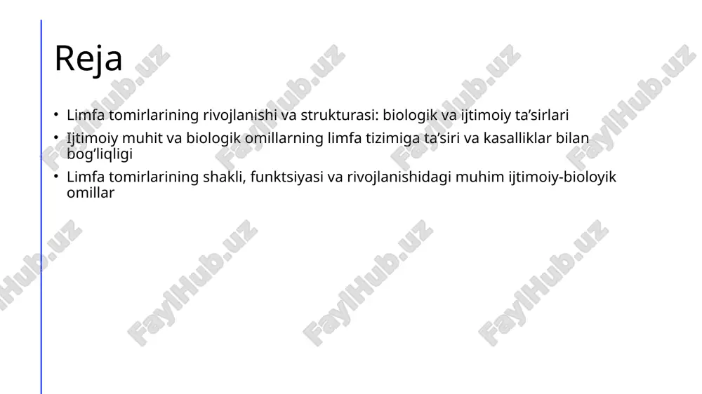 a ekologik sharoitlar bilan bog'liq bo'lib, ular limfa tizimining samaradorligini va immun javoblarini ta'sir qiladi. tuzilma va funktsiya limfa tomirlarining shakli va tuzilishi funktsional imkoniyatlarini belgilaydi, shuningdek, jarohat yoki kasallik holatlarida adaptatsiya qobiliyatini oshiradi. biologik va ijtimoiy ta’sirlar odamlarning biologik va ijtimoiy muhitlari limfa tomirlarining shakli va strukturaviy o'zgarishlariga ta'sir ko'rsatadi, bu esa sog'liq va kasallik rivojlanishiga ta'sir qiladi. biologik va ijtimoiy omillar o'rtasidagi o'zaro ta’sirlar va limfa tizimining rivojlanishi genetik va muhit o'zaro ta’siri limfa tizimining rivojlanishi genetik omillar va atrof-muhit sharoitlarining birgalikdagi ta’siri bilan shakllanadi. bu ta’sirlar, ayniqsa, immunitet va limfa yo‘llarining rivojlanishiga ta’sir qiladi. ijtimoiy muhit va biologik o‘zgarishlar ijtimoiy sharoitlar, ovqatlanish, sanitariya va sog‘liq muammolari biologik rivojlanishga ta’sir qiladi. bu faktorlar limfa tomirlarining o‘sishi va funktsiyalarini shakllantiradi. o'zaro ta’sirlar va sog‘liq ijtimoiy va biologik omillar o‘rtasidagi integratsiya limfa tizimining rivojlanishini ta’minlaydi. bu, o‘z navbatida, kasalliklar va immunitet javoblariga ta’sir qiladi. xulosa 1 limfa tomirlarining rivojlanish asoslari …